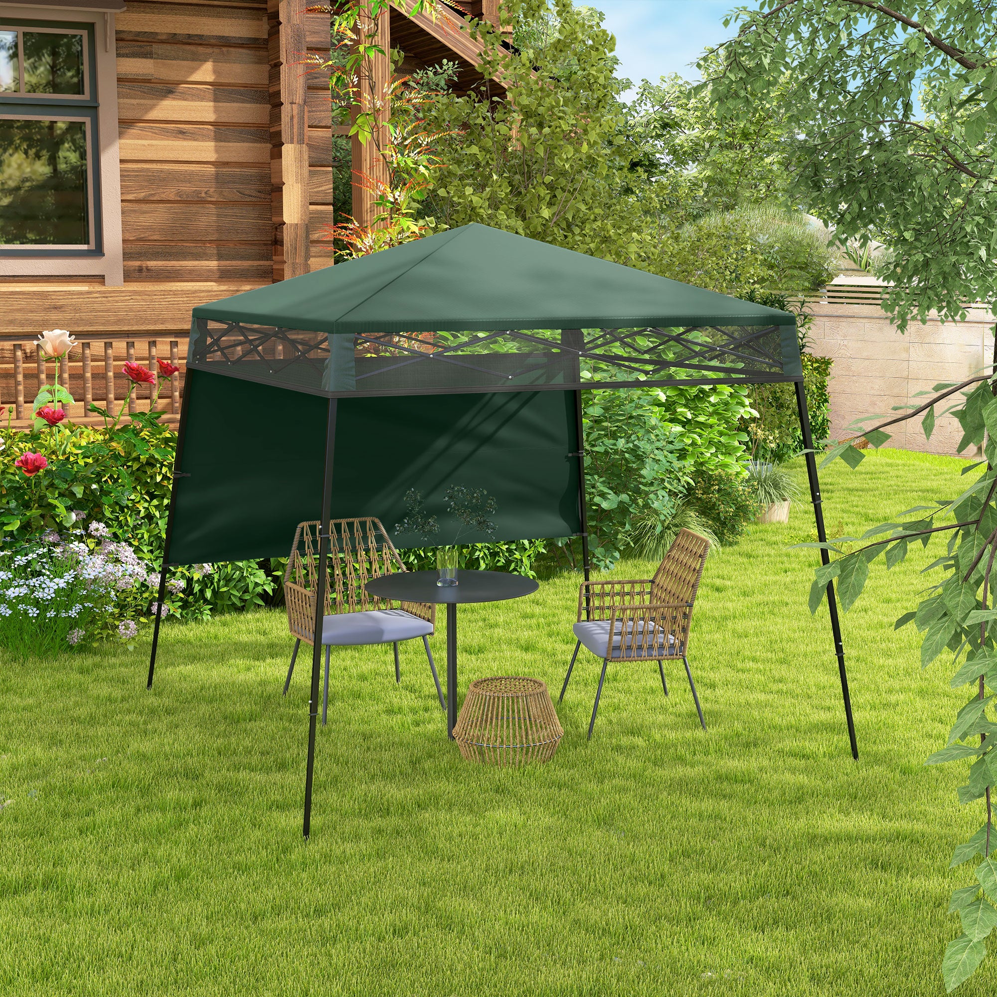 Outsunny Carpa Plegable 220x220x200 cm Cenador Plegable con 1 Pared Lateral Bolsa de Transporte Impermeable y Protección UV50+ para Jardín Patio Verde