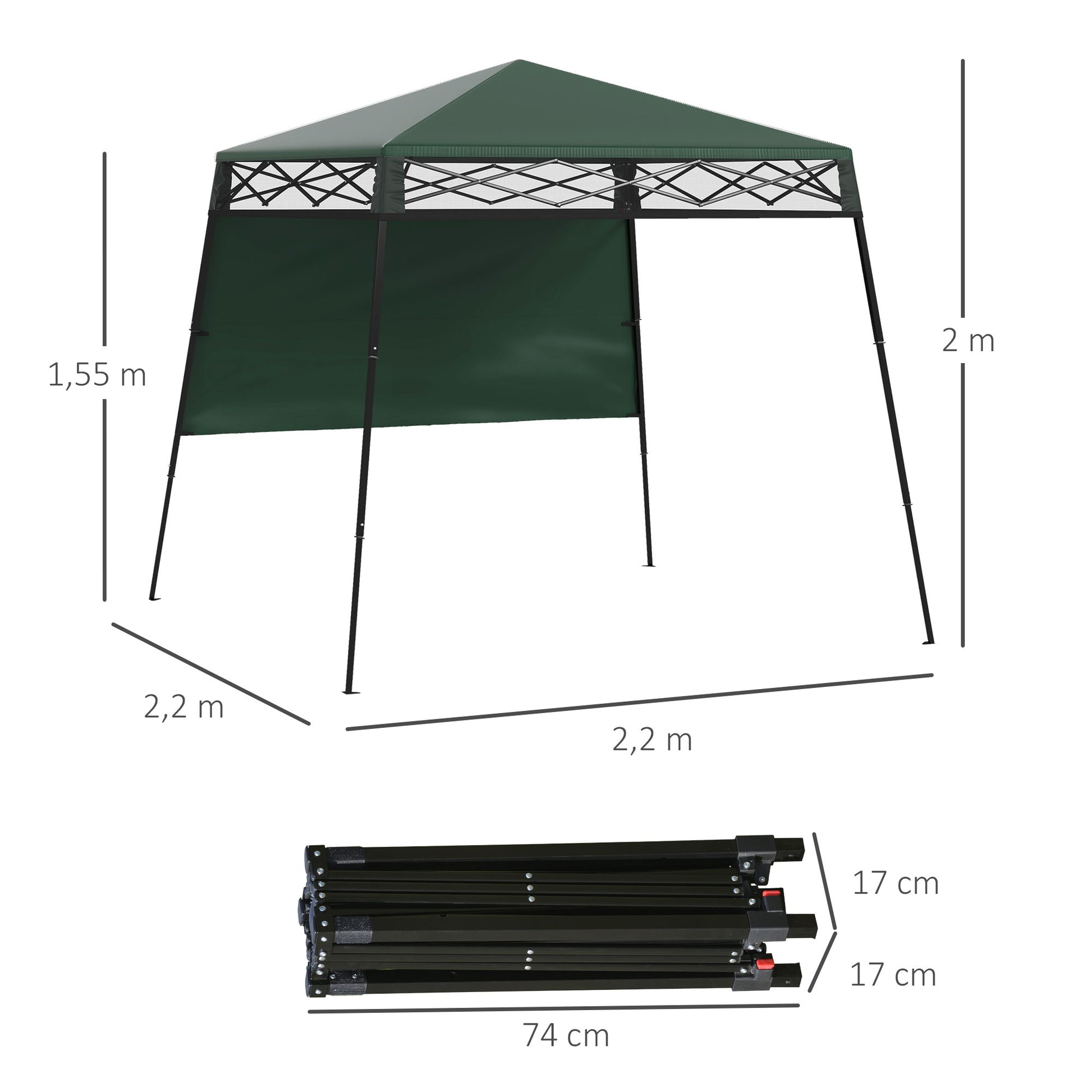 Outsunny Carpa Plegable 220x220x200 cm Cenador Plegable con 1 Pared Lateral Bolsa de Transporte Impermeable y Protección UV50+ para Jardín Patio Verde