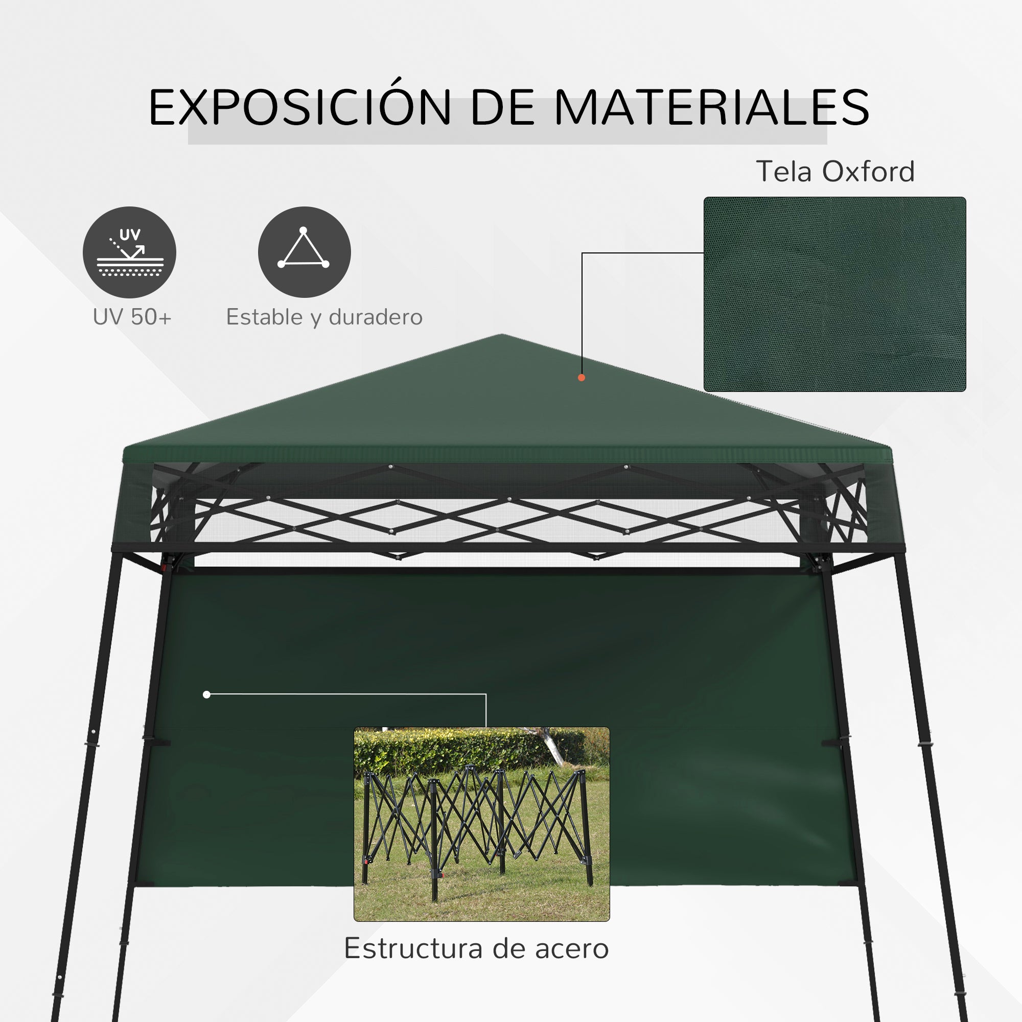 Outsunny Carpa Plegable 220x220x200 cm Cenador Plegable con 1 Pared Lateral Bolsa de Transporte Impermeable y Protección UV50+ para Jardín Patio Verde
