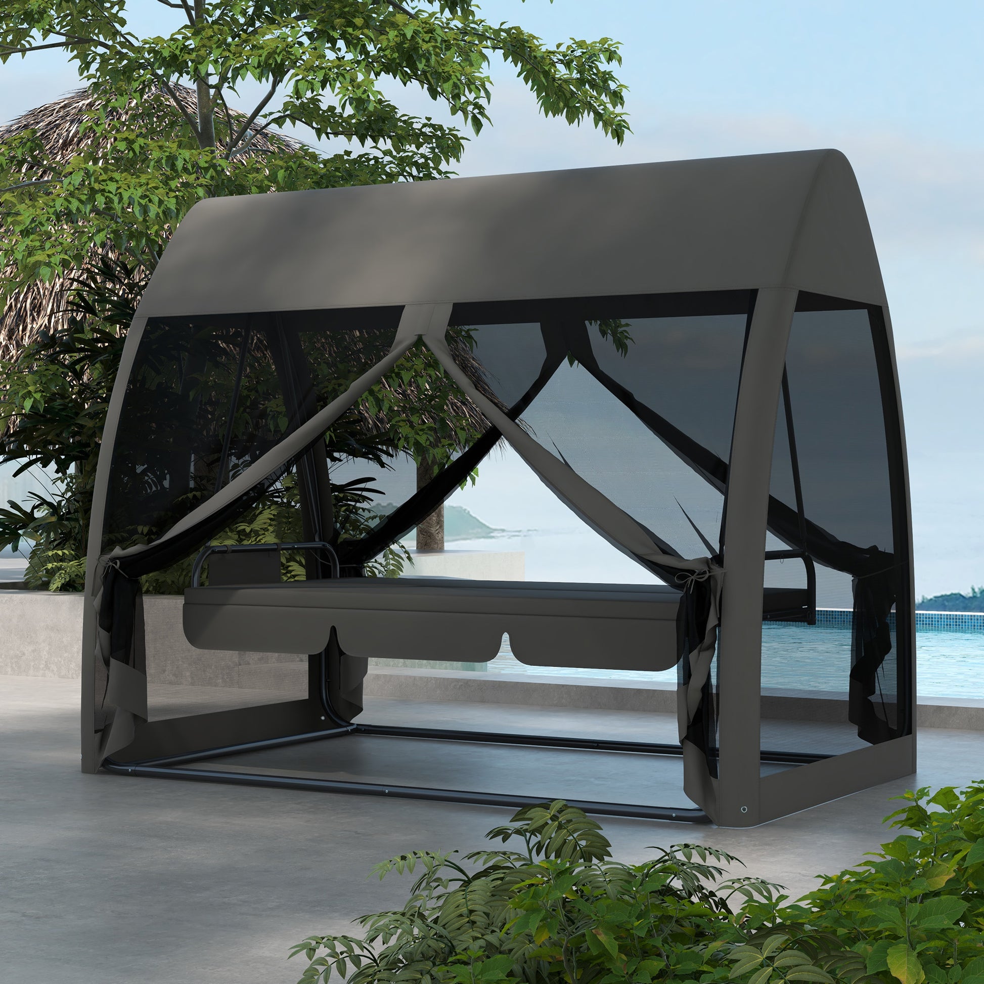 Outsunny Balancín de Jardín de 3 Plazas Convertible en Cama Columpio Jardín Exterior con Mosquitera Estructura de Metal Carga 300 kg 240x140x197 cm Gris