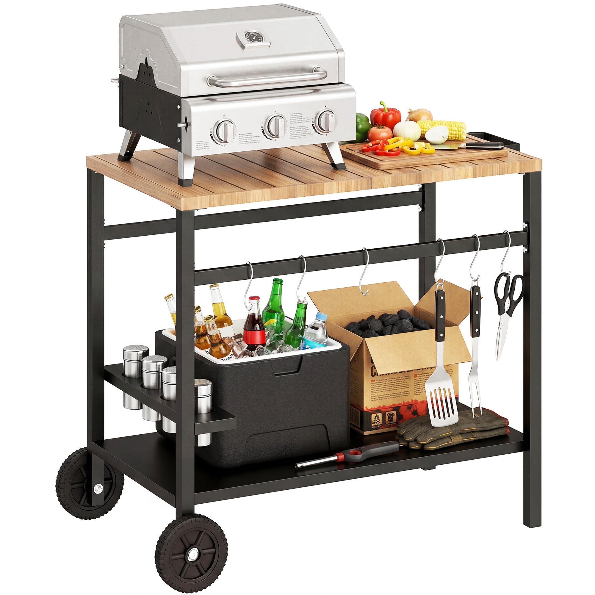 Outsunny Carrito de Barbacoa de 2 Niveles Mesa Auxiliar para Barbacoa Móvil con Ruedas Portabebidas Ganchos Asa Encimera Imitación madera Mesa de Horno de Pizza para Exterior Negro y Marrón