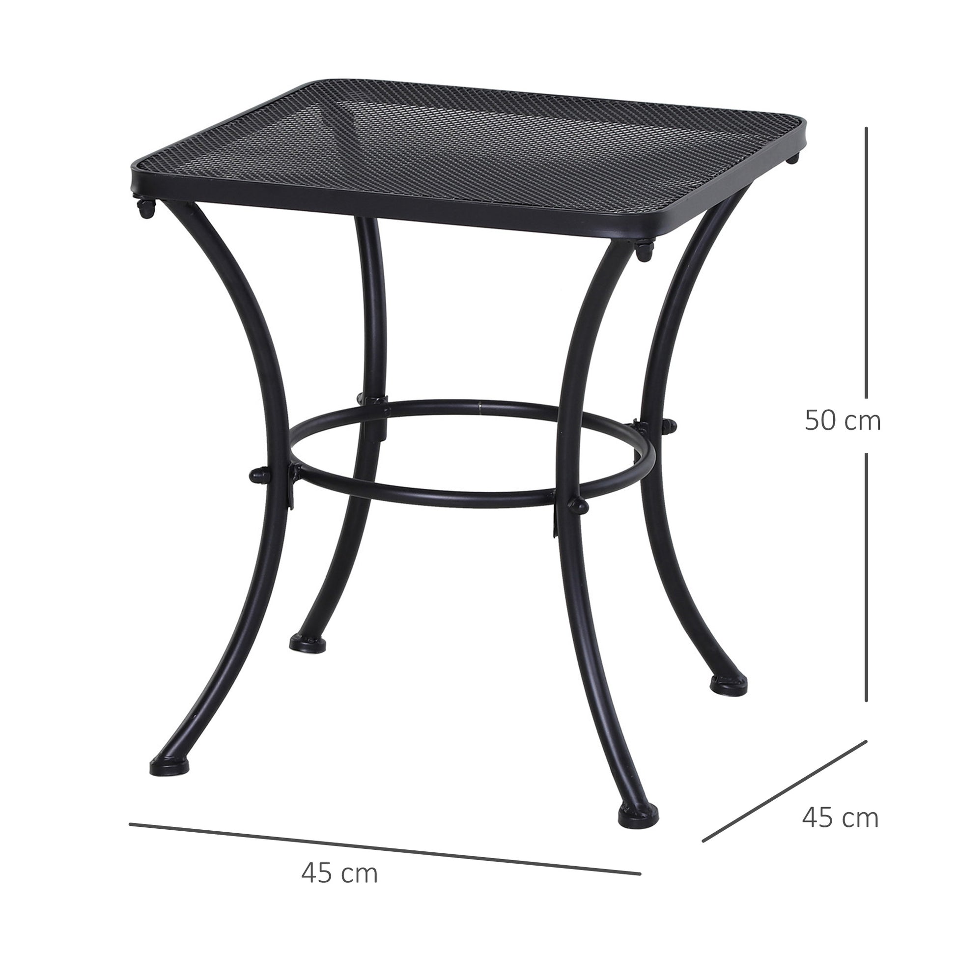 Outsunny Mesa Auxiliar Cuadrada Mesa de Jardín Exterior con Estructura de Metal para Patio Terraza Balcón Carga 30 kg 45x45x50 cm Negro