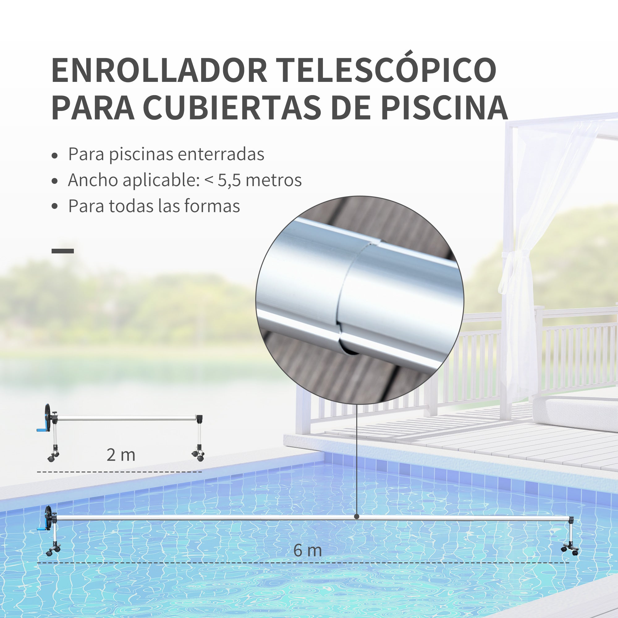 Outsunny Enrollador de Cubiertas para Piscinas con Tubo Telescópico Ajustable 2-6 m de Aluminio y 8 Correas de Fijación 4 Ruedas con Freno 600x58x62 cm Plata