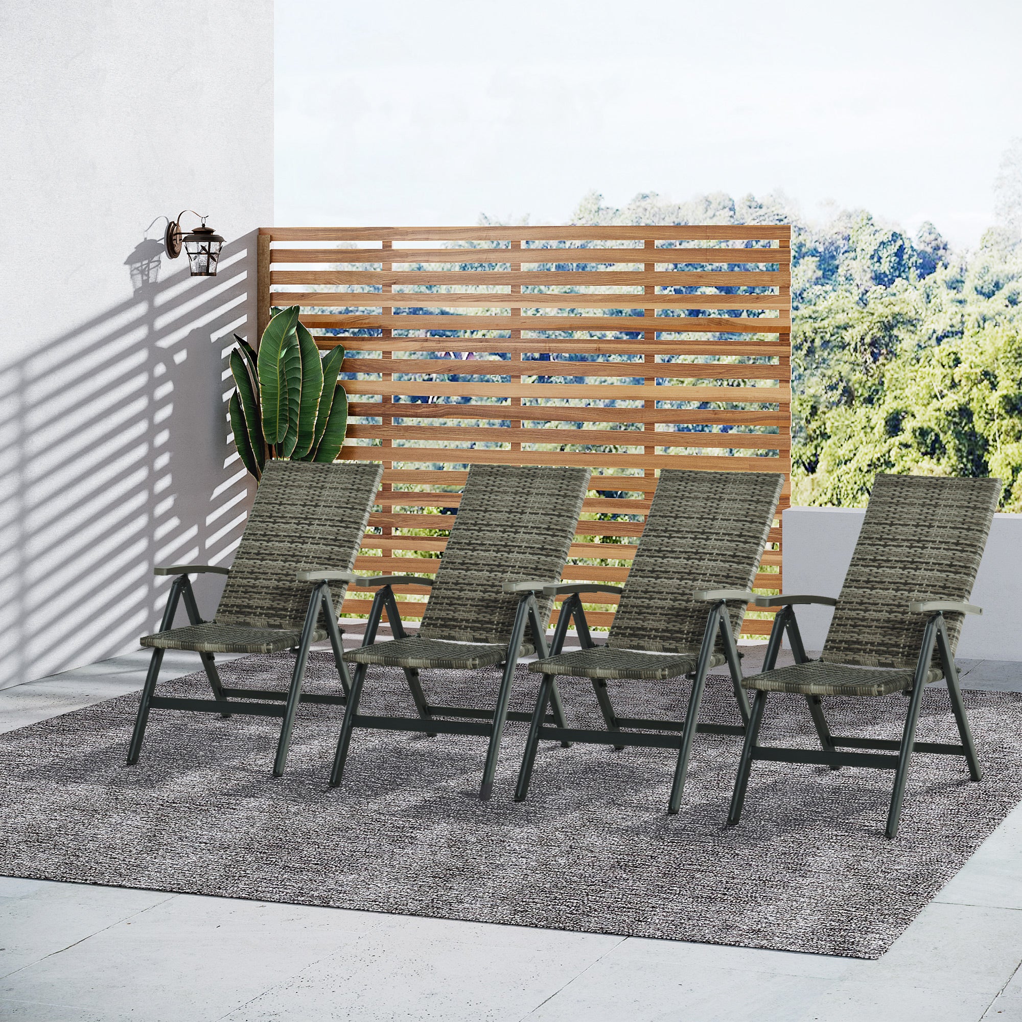 Outsunny Set de 4 Sillas Plegable de Ratán con 5 Posiciones Silla Reclinable de Aluminio para Jardín Balcón Terraza Exterior Carga 160 kg 59x68x107 cm Gris