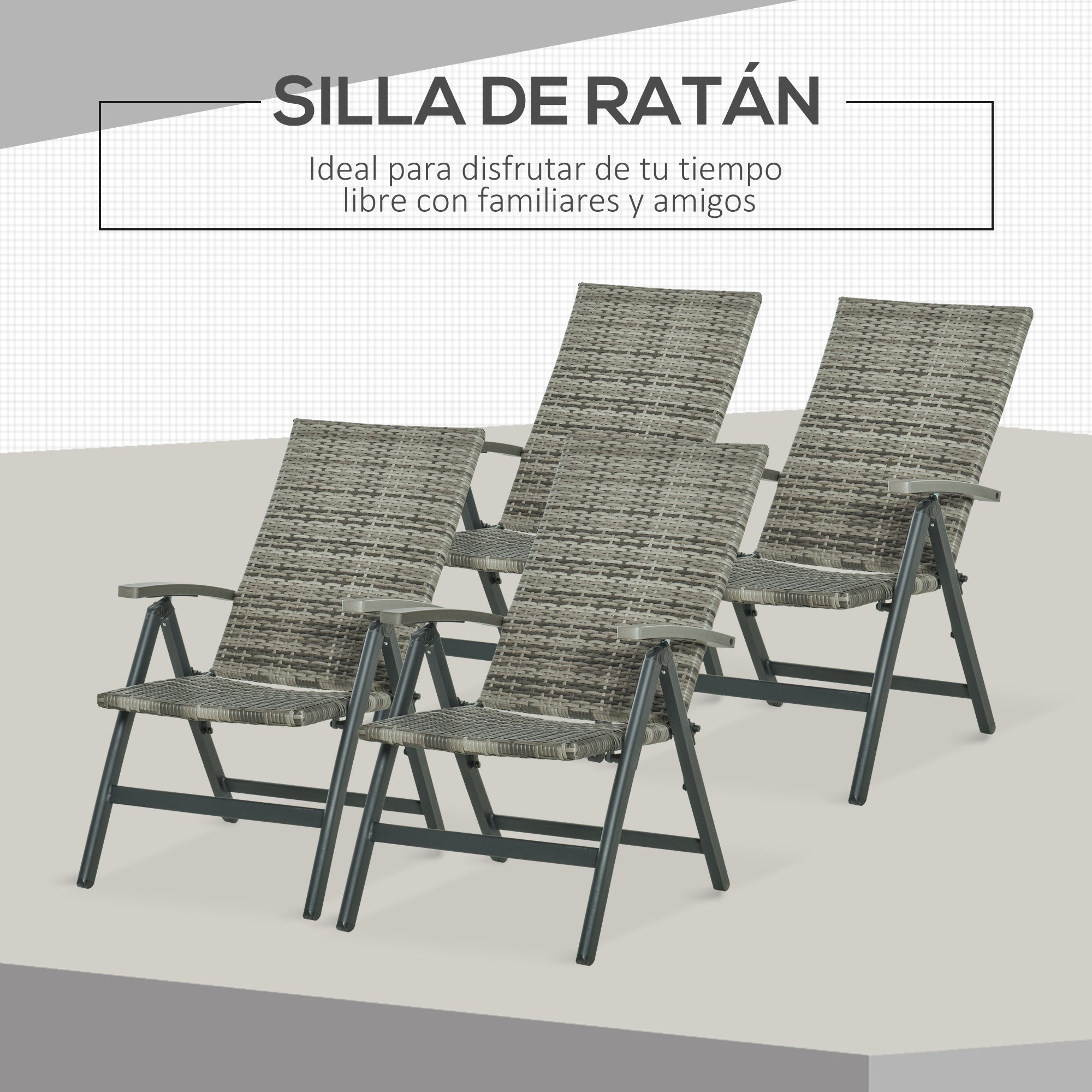 Outsunny Set de 4 Sillas Plegable de Ratán con 5 Posiciones Silla Reclinable de Aluminio para Jardín Balcón Terraza Exterior Carga 160 kg 59x68x107 cm Gris