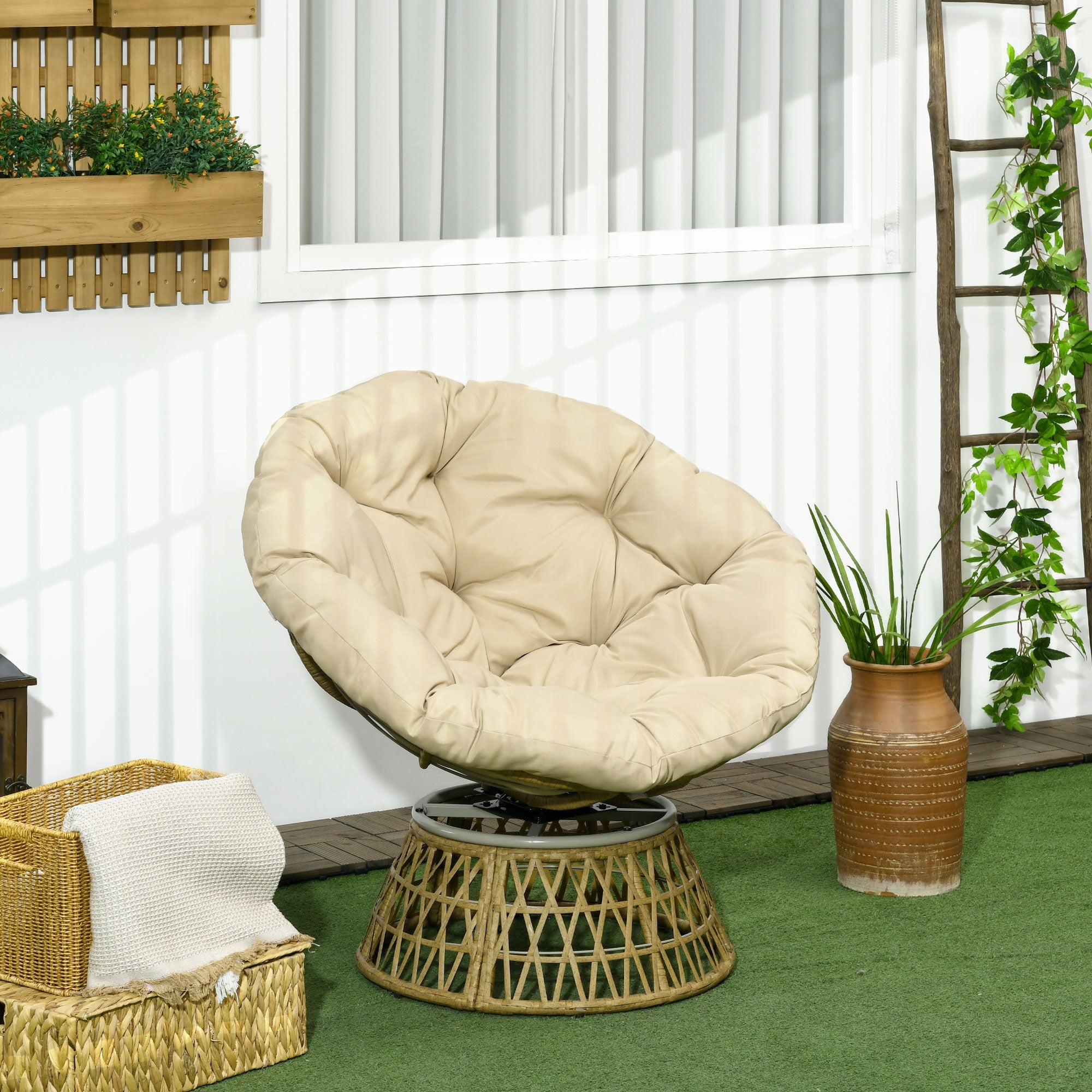 Outsunny Sillón Papasan Giratorio 360° de Ratán Sintético, Silla Redonda de Mimbre PE con Cojín y Marco de Acero, Resistente a Intemperie, Carga 120 kg, para Jardín, Terraza, 85x70x82 cm, Amarillo