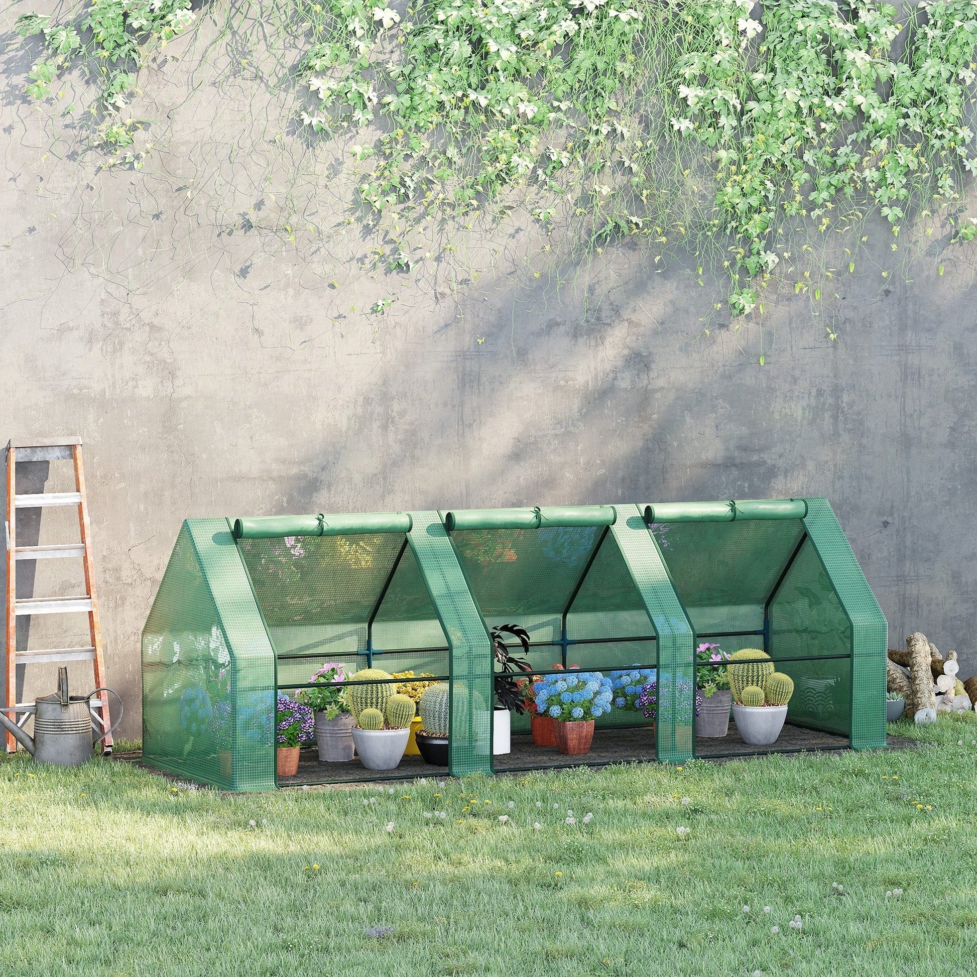 Outsunny Invernadero de Exterior Invernadero de Jardín 270x90x90 cm Tipo Caseta con 3 Ventanas Marco de Acero y Cubierta de PE 140g/㎡ para Cultivo Plantas Flores Tomates Verde