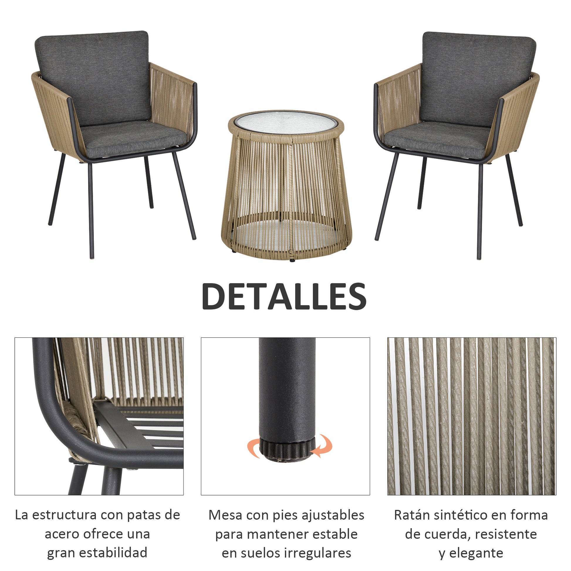 Outsunny Conjunto de Jardín Exterior de 3 Piezas Juego de 2 Sillas y Mesa de Ratán con Cojines Acolchados y Encimera de Vidrio para Balcón Terraza Café y Gris