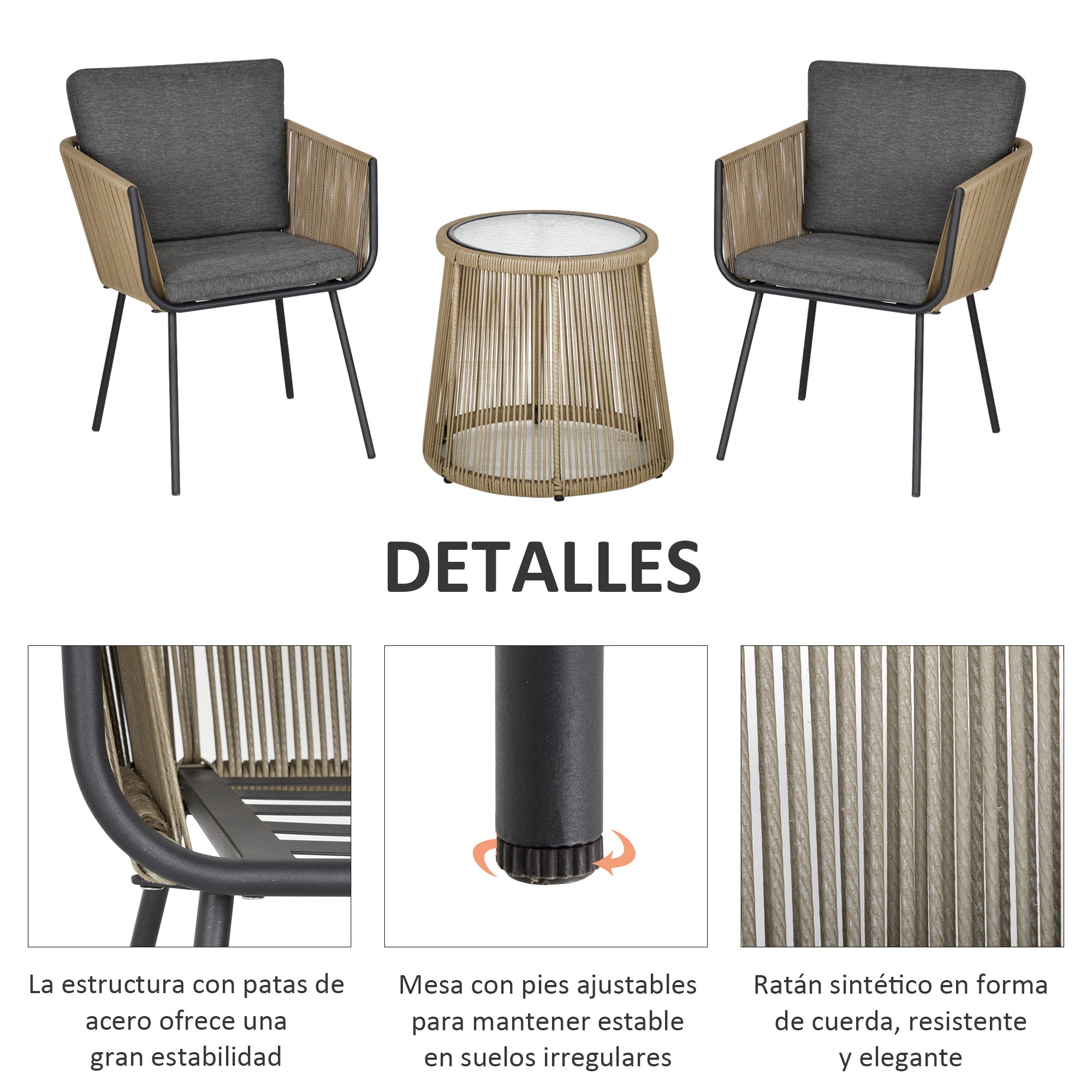 Outsunny Conjunto de Jardín Exterior de 3 Piezas Juego de 2 Sillas y Mesa de Ratán con Cojines Acolchados y Encimera de Vidrio para Balcón Terraza Café y Gris