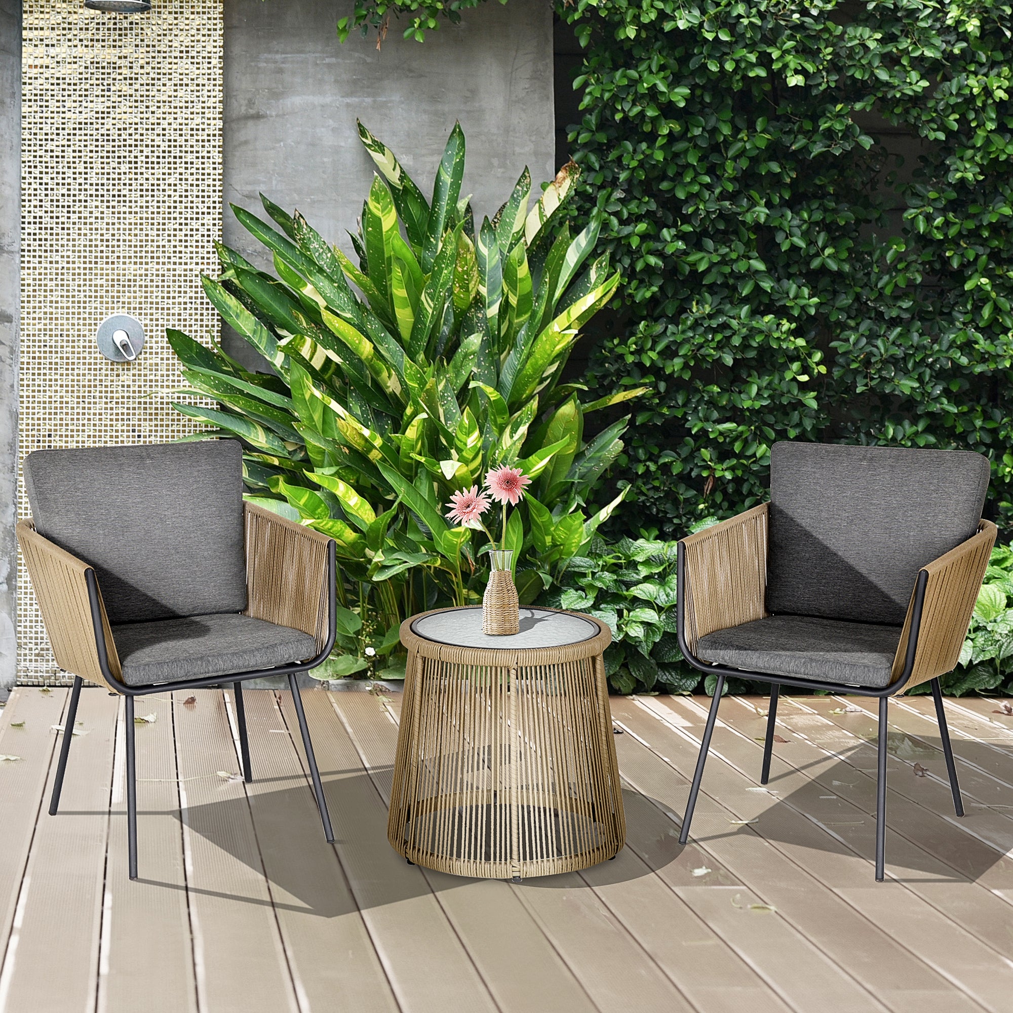 Outsunny Conjunto de Jardín Exterior de 3 Piezas Juego de 2 Sillas y Mesa de Ratán con Cojines Acolchados y Encimera de Vidrio para Balcón Terraza Café y Gris