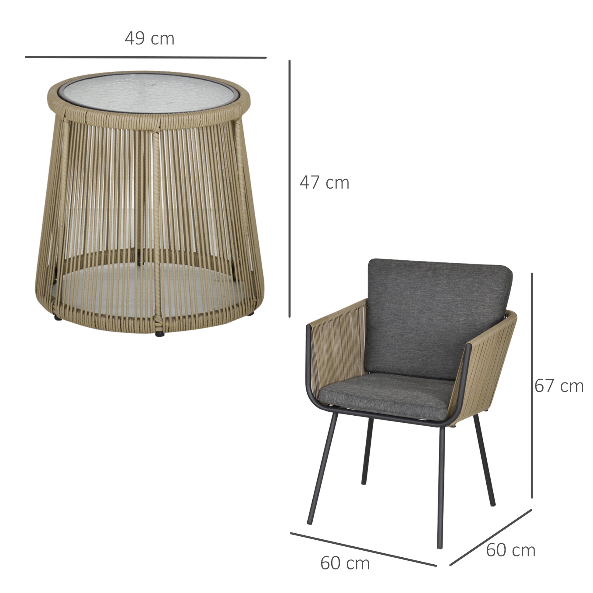 Outsunny Conjunto de Jardín Exterior de 3 Piezas Juego de 2 Sillas y Mesa de Ratán con Cojines Acolchados y Encimera de Vidrio para Balcón Terraza Café y Gris