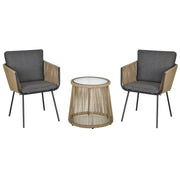 Outsunny Conjunto de Jardín Exterior de 3 Piezas Juego de 2 Sillas y Mesa de Ratán con Cojines Acolchados y Encimera de Vidrio para Balcón Terraza Café y Gris