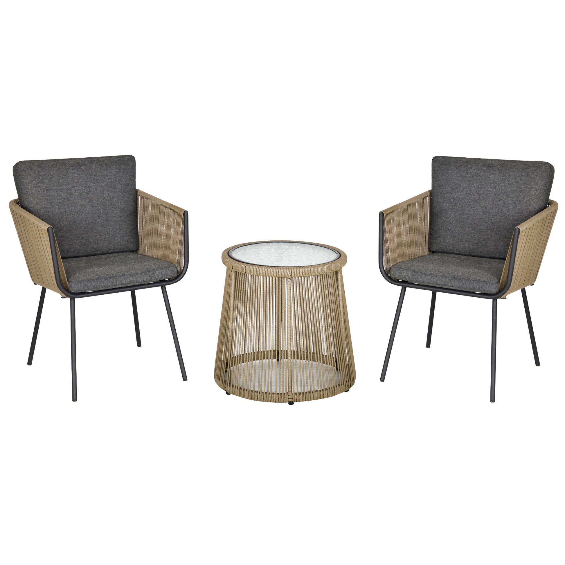 Outsunny Conjunto de Jardín Exterior de 3 Piezas Juego de 2 Sillas y Mesa de Ratán con Cojines Acolchados y Encimera de Vidrio para Balcón Terraza Café y Gris