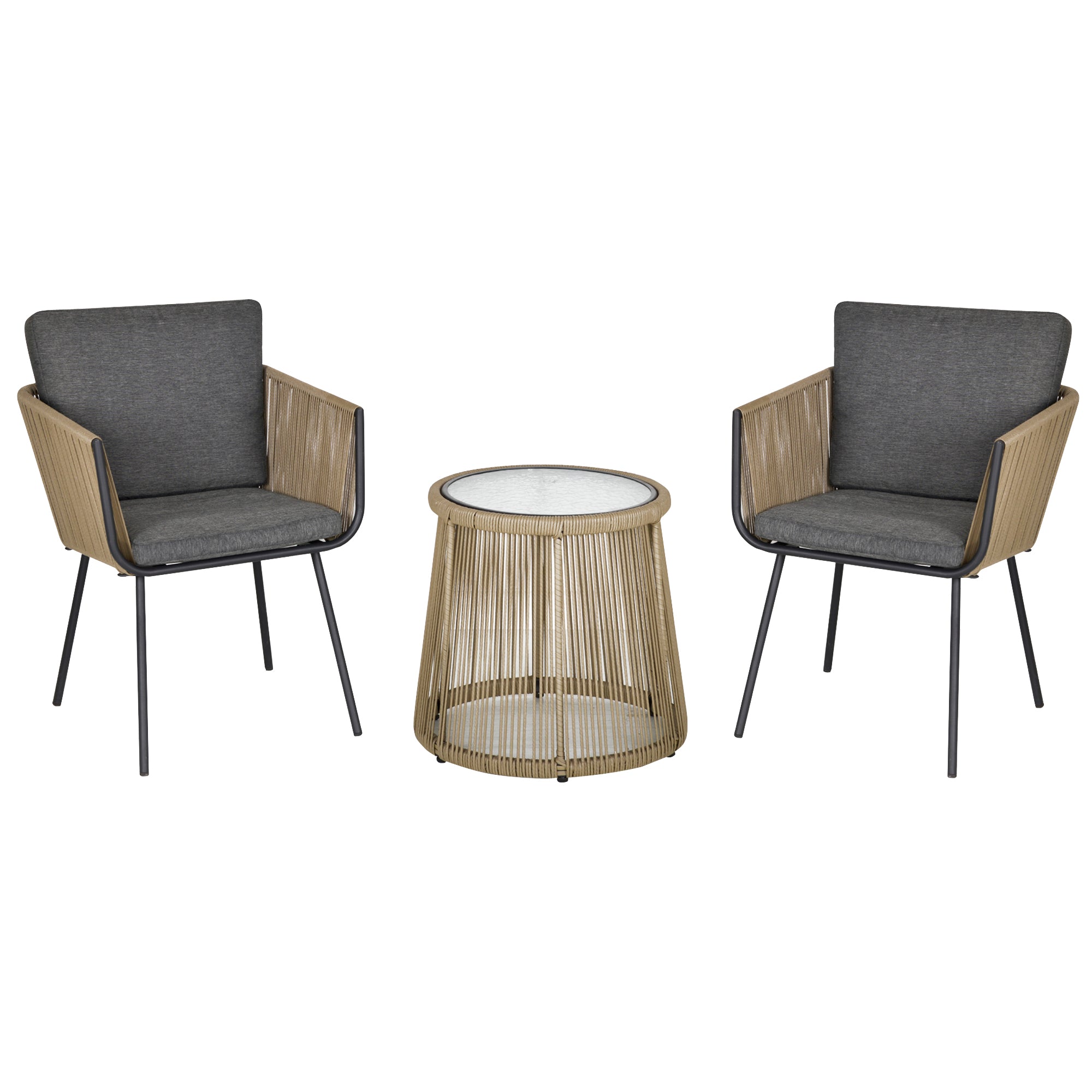 Outsunny Conjunto de Jardín Exterior de 3 Piezas Juego de 2 Sillas y Mesa de Ratán con Cojines Acolchados y Encimera de Vidrio para Balcón Terraza Café y Gris