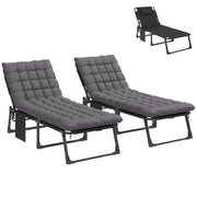 Outsunny Set de 2 Tumbonas Jardín Exterior, Tumbonas Plegables con Cojines, Respaldo Reclinable 5 Posiciones, Asiento Extra Ancho de Textilene, Bolsillo Lateral y Reposacabezas para Playa, Gris Oscuro