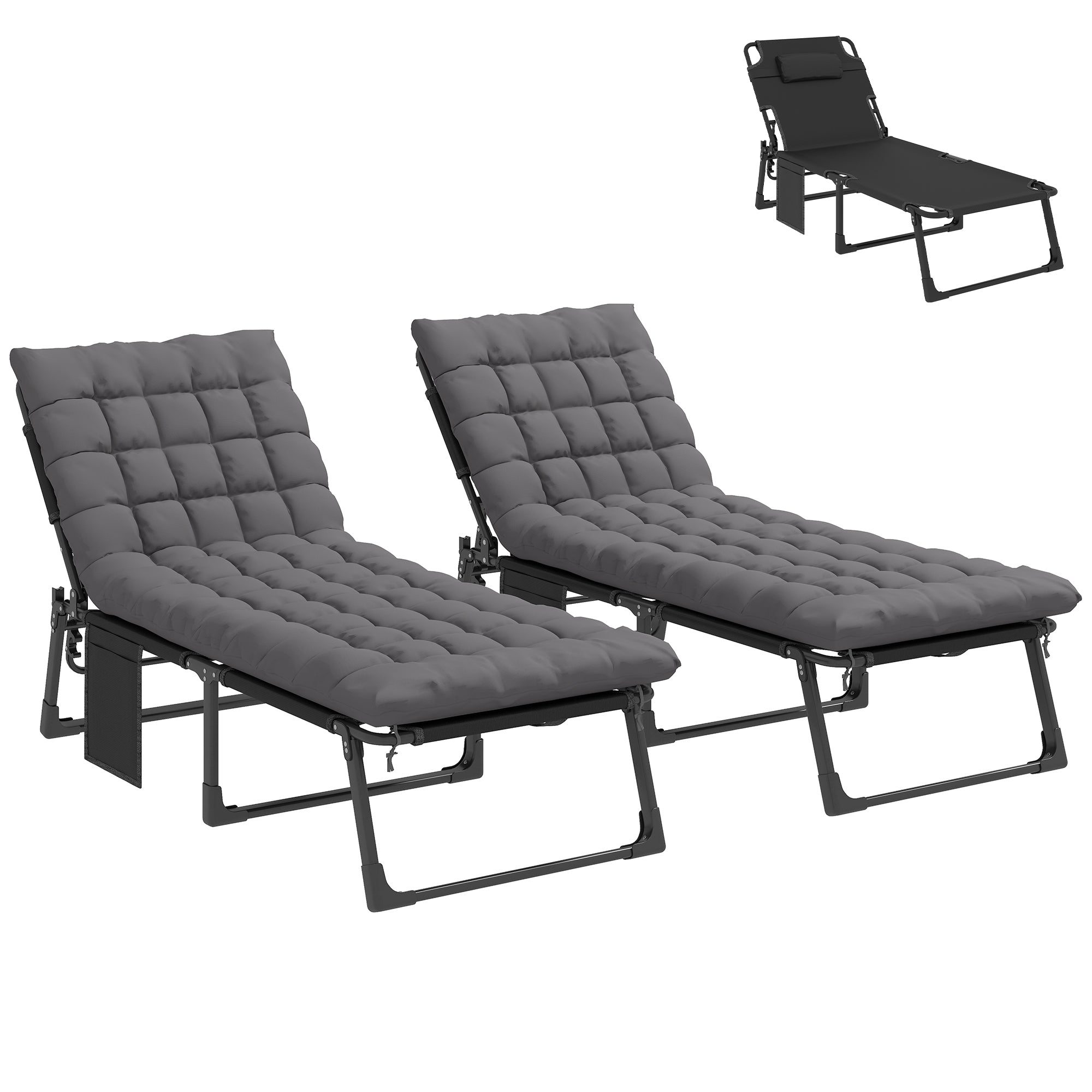 Outsunny Set de 2 Tumbonas Jardín Exterior, Tumbonas Plegables con Cojines, Respaldo Reclinable 5 Posiciones, Asiento Extra Ancho de Textilene, Bolsillo Lateral y Reposacabezas para Playa, Gris Oscuro