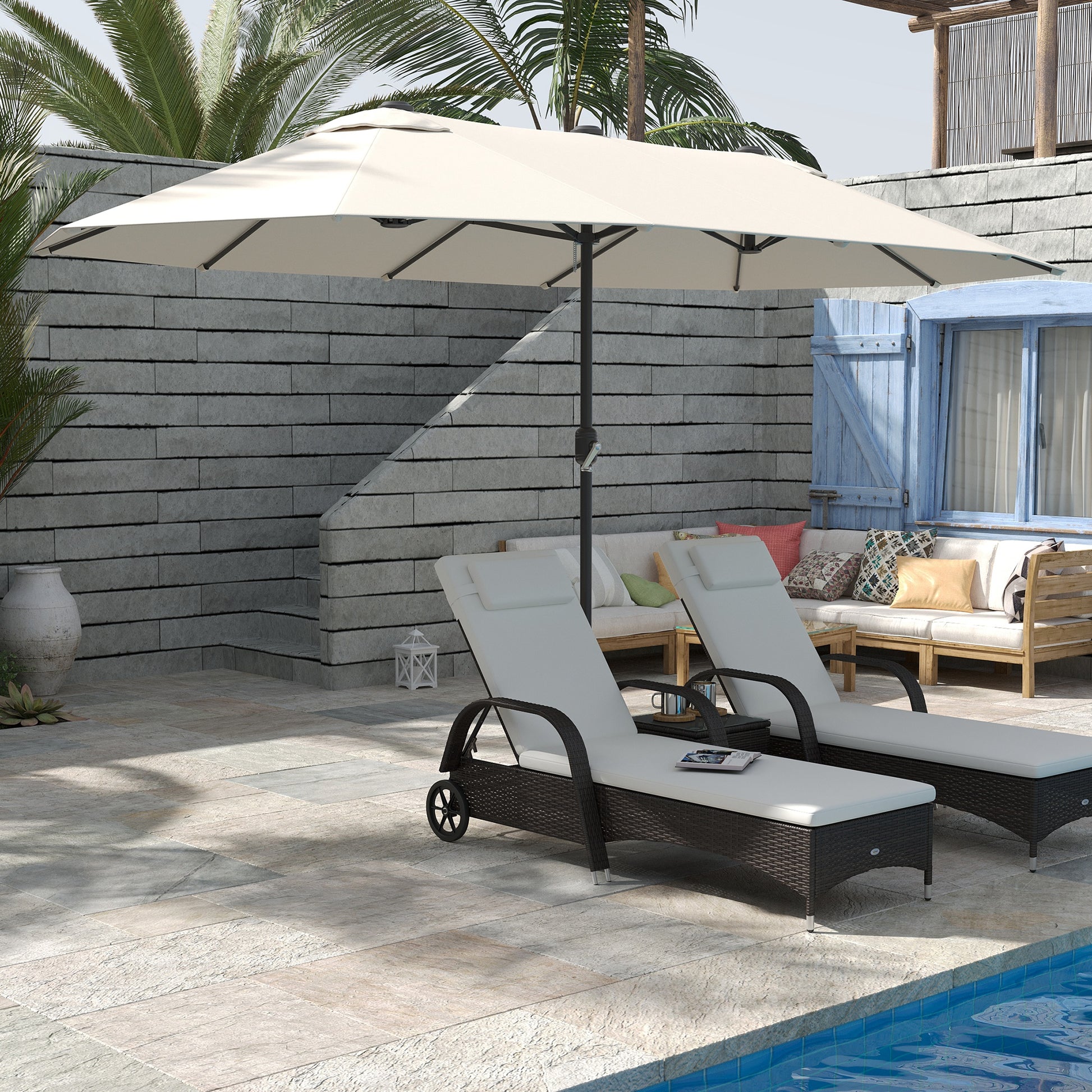 Outsunny Sombrilla Parasol Doble para Jardín 4,55x2,65x2,38 m Sombrilla Gigante Anti UV con Manivela para Exterior Patio Terraza Piscina Color Beige