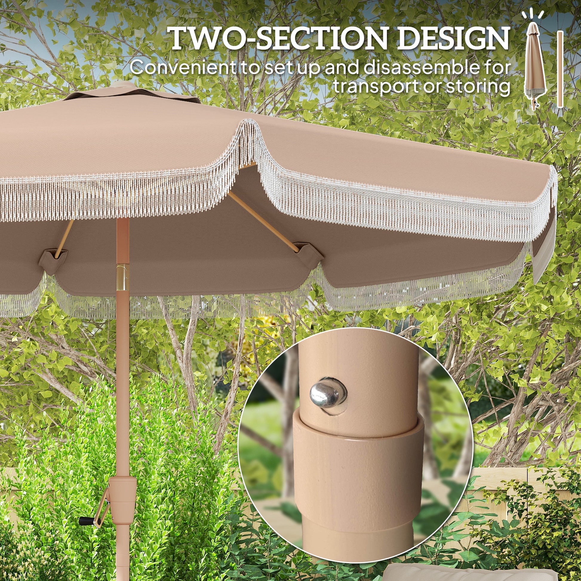 Outsunny Sombrilla Terraza Exterior, Ø266x238 cm, Sombrilla de Jardín con Ángulo Ajustable 30°, Manivela, Flecos y Ventilación, Impermeable, Parasol para Terraza, Playa, Patio, Balcón, Caqui