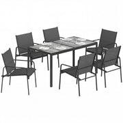 Outsunny Conjunto de Mesa y Sillas Jardín de 7 Piezas, Muebles de Jardín Exterior con Mesa de Efecto Madera y 6 Sillas con Asiento Transpirable, Marco de Acero Galvanizado, para Terraza, Patio, Negro
