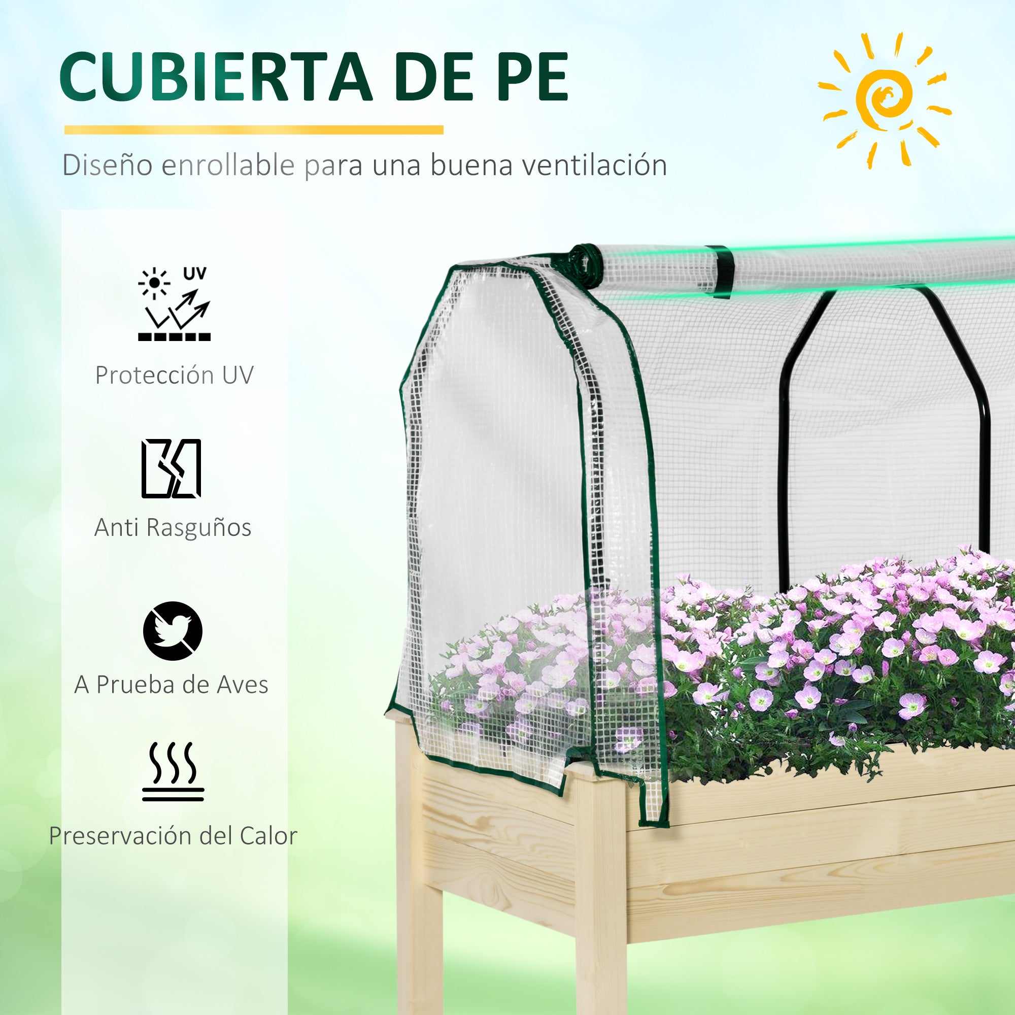 Outsunny Huerto Urbano Elevado de Madera 121x55x117 cm con Cubierta de Protección Mesa de Jardinera para Cultivo Flores Vegetales en Jardín Terraza Color Natural