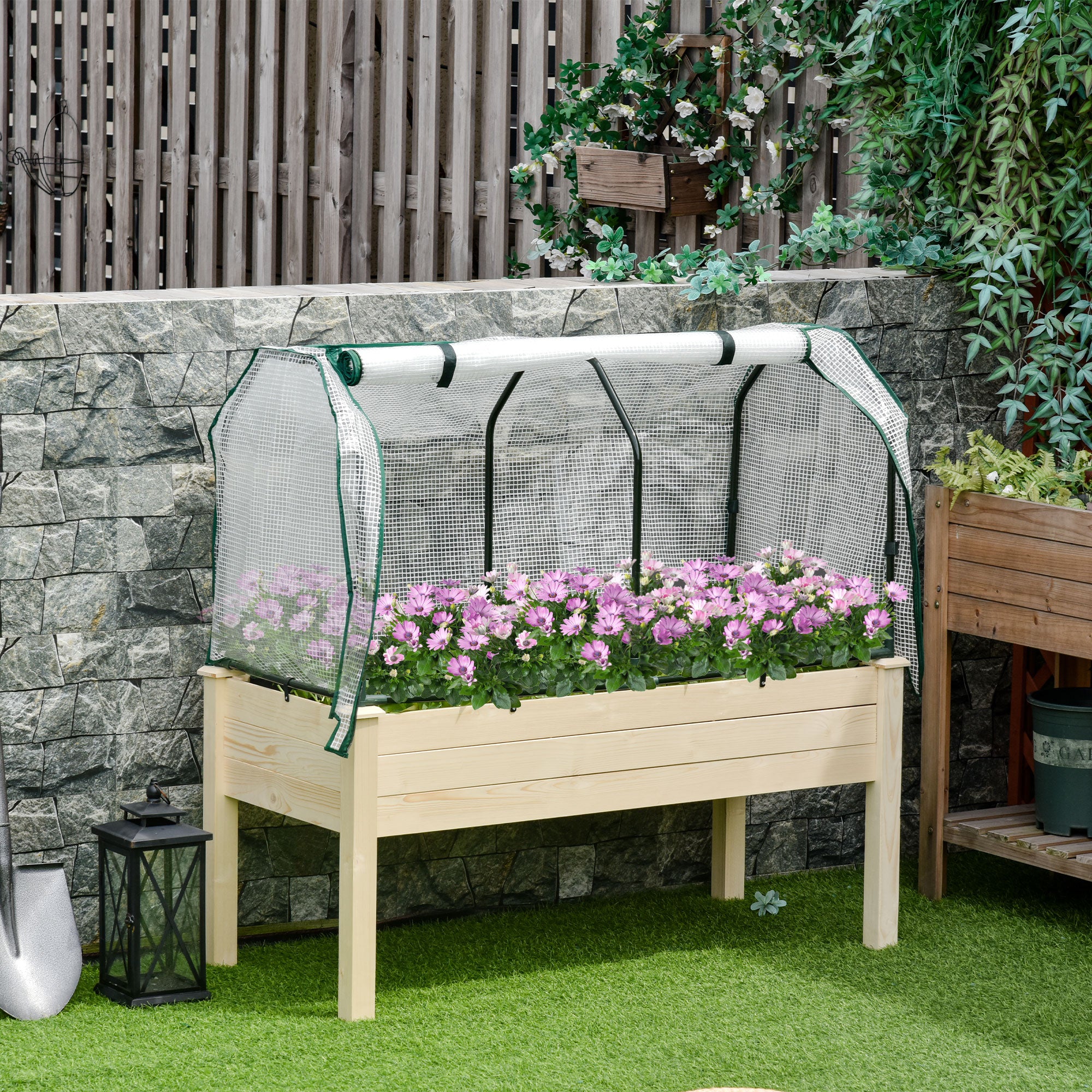 Outsunny Huerto Urbano Elevado de Madera 121x55x117 cm con Cubierta de Protección Mesa de Jardinera para Cultivo Flores Vegetales en Jardín Terraza Color Natural