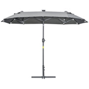 Outsunny Sombrilla Doble 295x150x219 cm Sombrilla de Jardín con Luces LED Solares Techo con Inclinación Ajustable y Manivela Manual para Patio Piscina Playa Gris