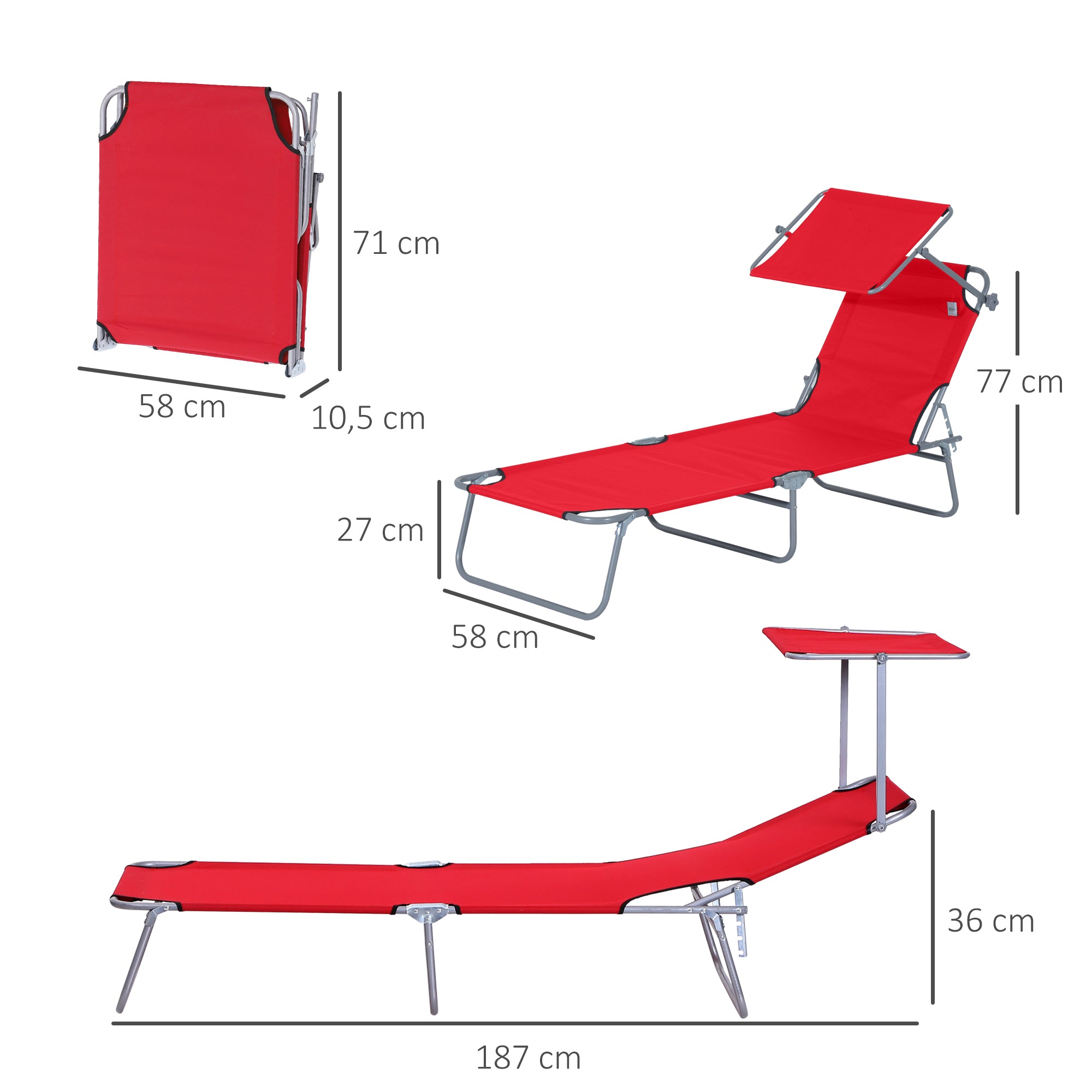 Outsunny Set de 2 Tumbonas Plegables Tumbonas de Jardín Exterior Reclinables con Toldo Desmontable con Ángulo Regulable Respaldo Ajustable en 4 Niveles para Terraza Piscina Patio 187x58x36 cm Rojo