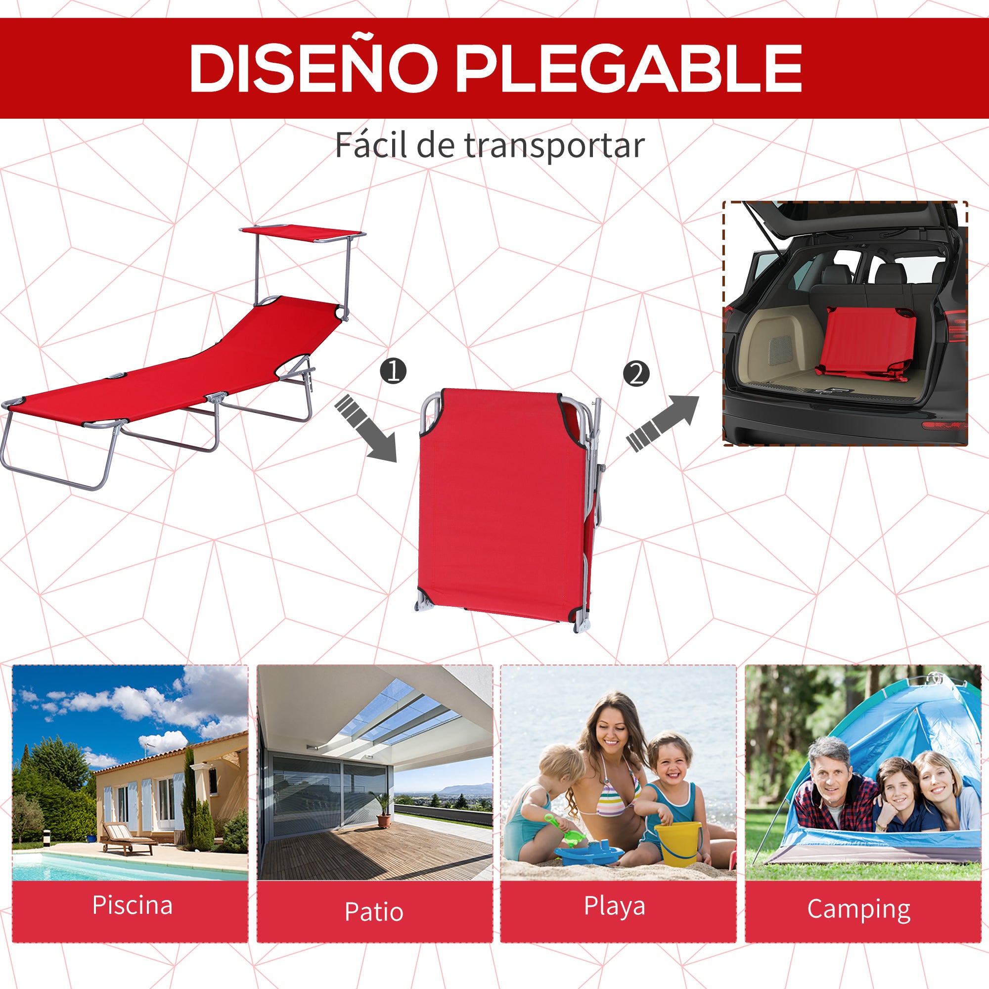 Outsunny Set de 2 Tumbonas Plegables Tumbonas de Jardín Exterior Reclinables con Toldo Desmontable con Ángulo Regulable Respaldo Ajustable en 4 Niveles para Terraza Piscina Patio 187x58x36 cm Rojo