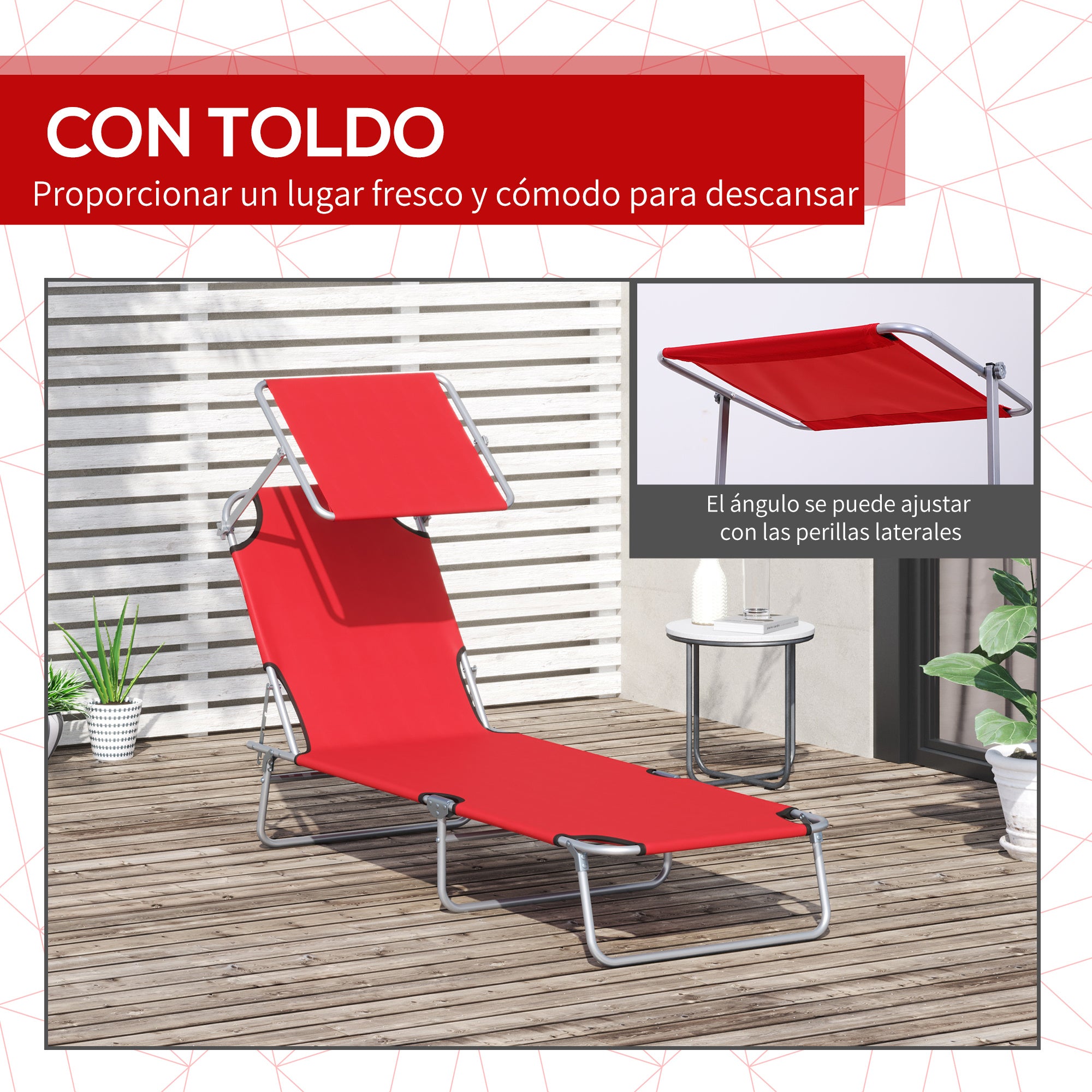 Outsunny Set de 2 Tumbonas Plegables Tumbonas de Jardín Exterior Reclinables con Toldo Desmontable con Ángulo Regulable Respaldo Ajustable en 4 Niveles para Terraza Piscina Patio 187x58x36 cm Rojo