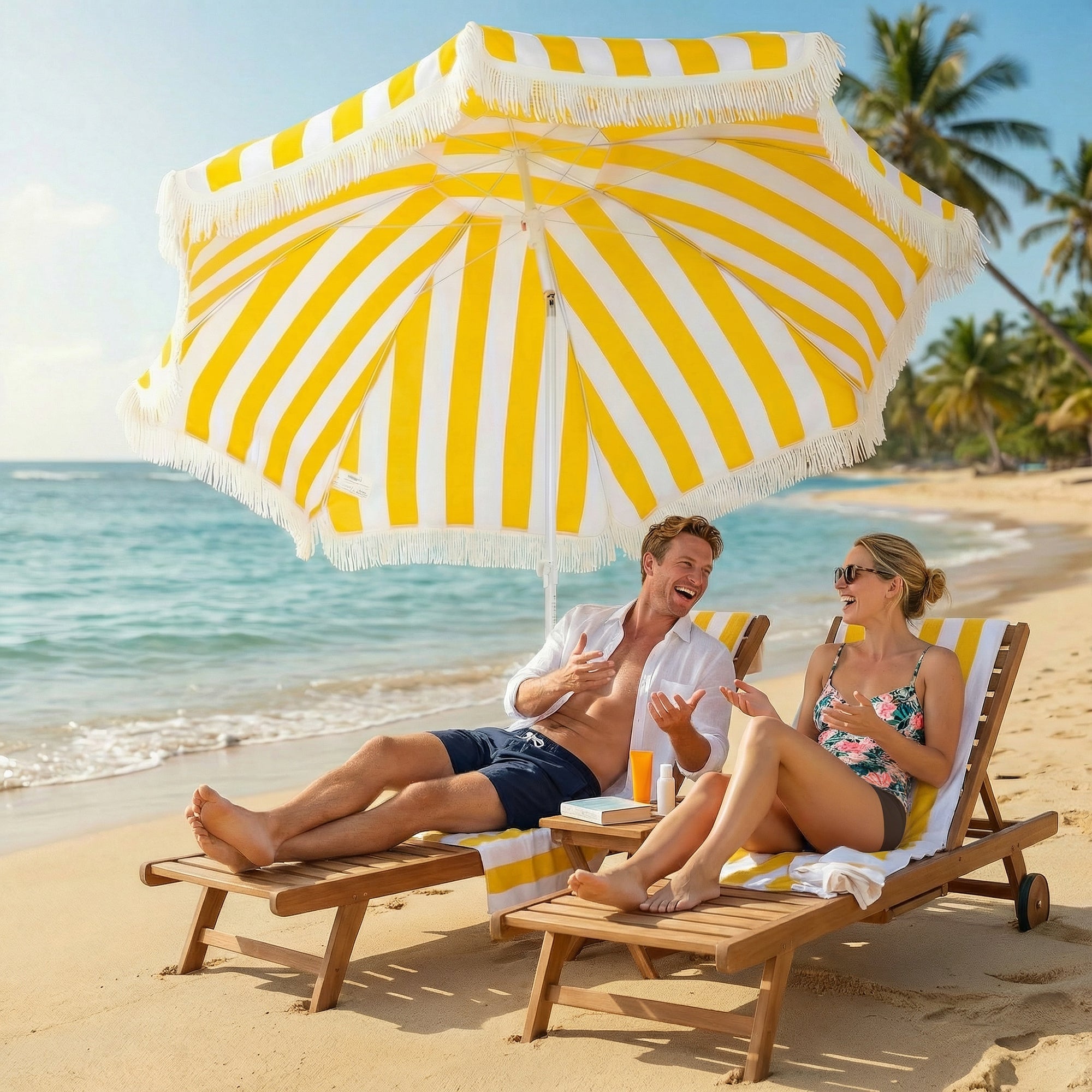 Outsunny Sombrilla de Playa con Flecos Ø180 cm, Sombrilla de Terraza Exterior con Altura Ajustable, Inclinación 30°, Anclaje Arena y Bolsa de Transporte, Amarillo y Blanco