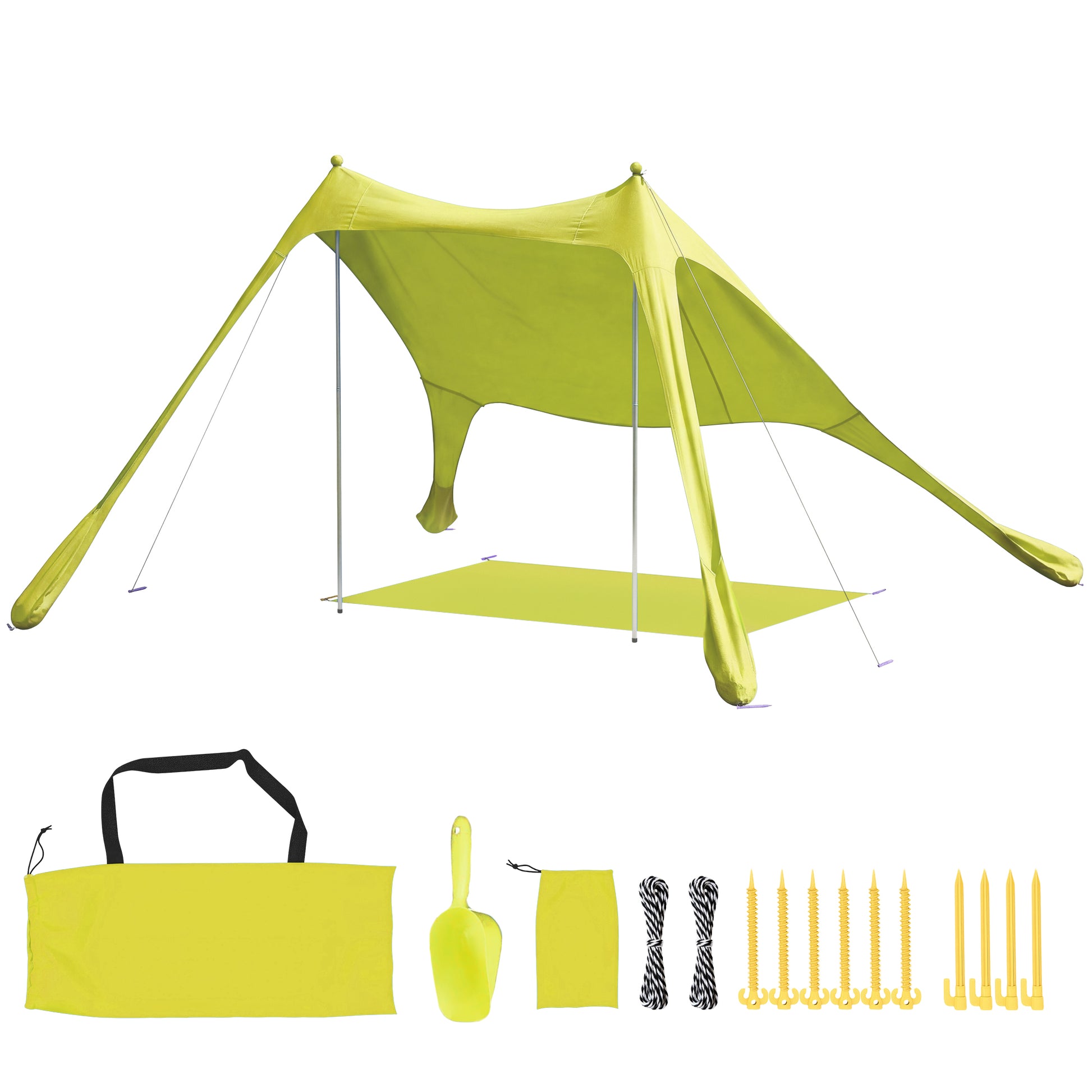 Outsunny Carpa Playa Plegable 208x200 cm, Toldo Playa Portátil para 2-4 Personas con Esterilla, UPF50+, Postes de Aluminio, Pala, Estacas y Bolsa de Transporte Impermeable, para Camping, Pesca, Verde