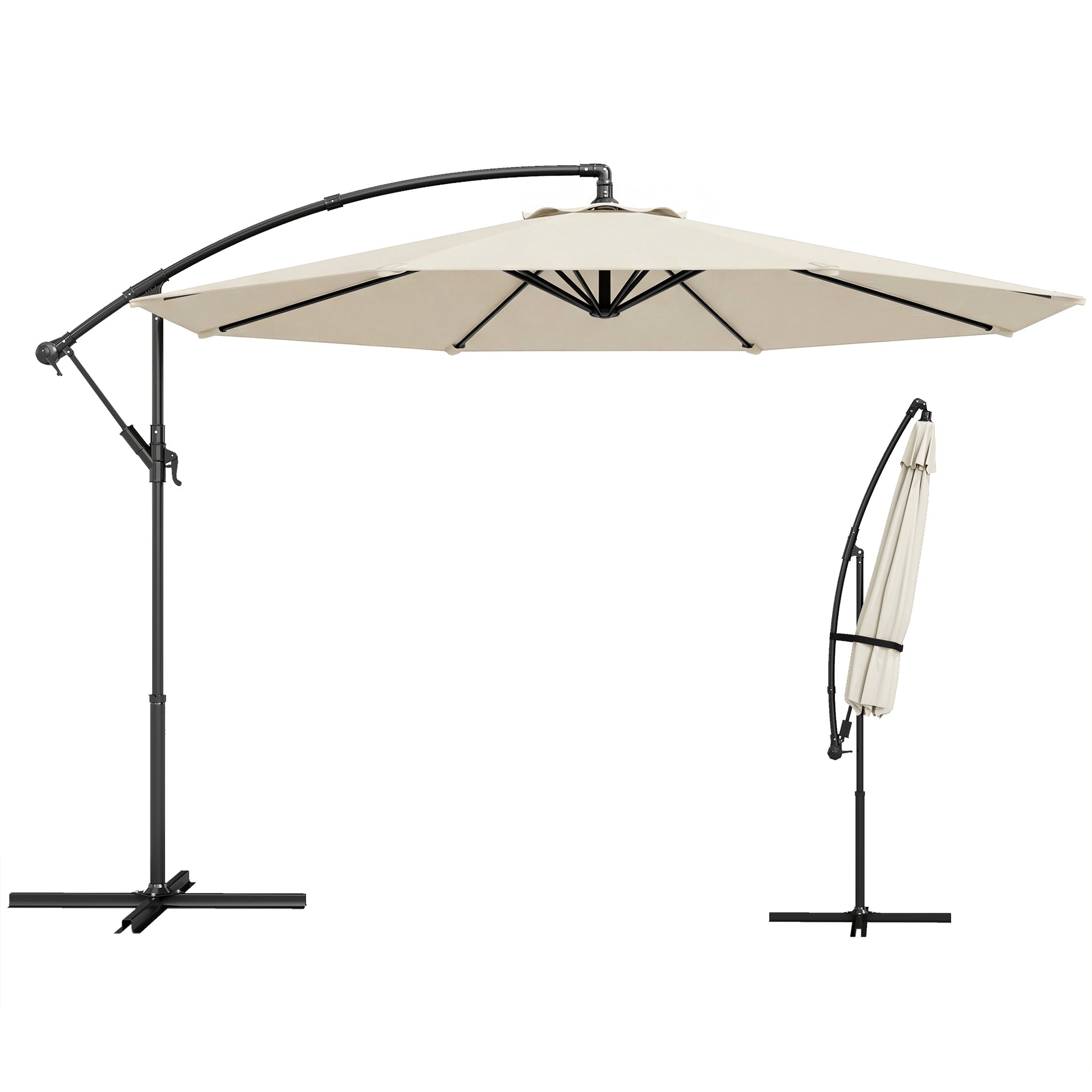 Outsunny Parasol Excéntrico, Ø300 cm, Sombrilla de Jardín con Base Cruzada, Toldo Ajustable, Manivela, 8 Barras, UPF30+, para Terraza, Patio, Exterior, Blanco Crema
