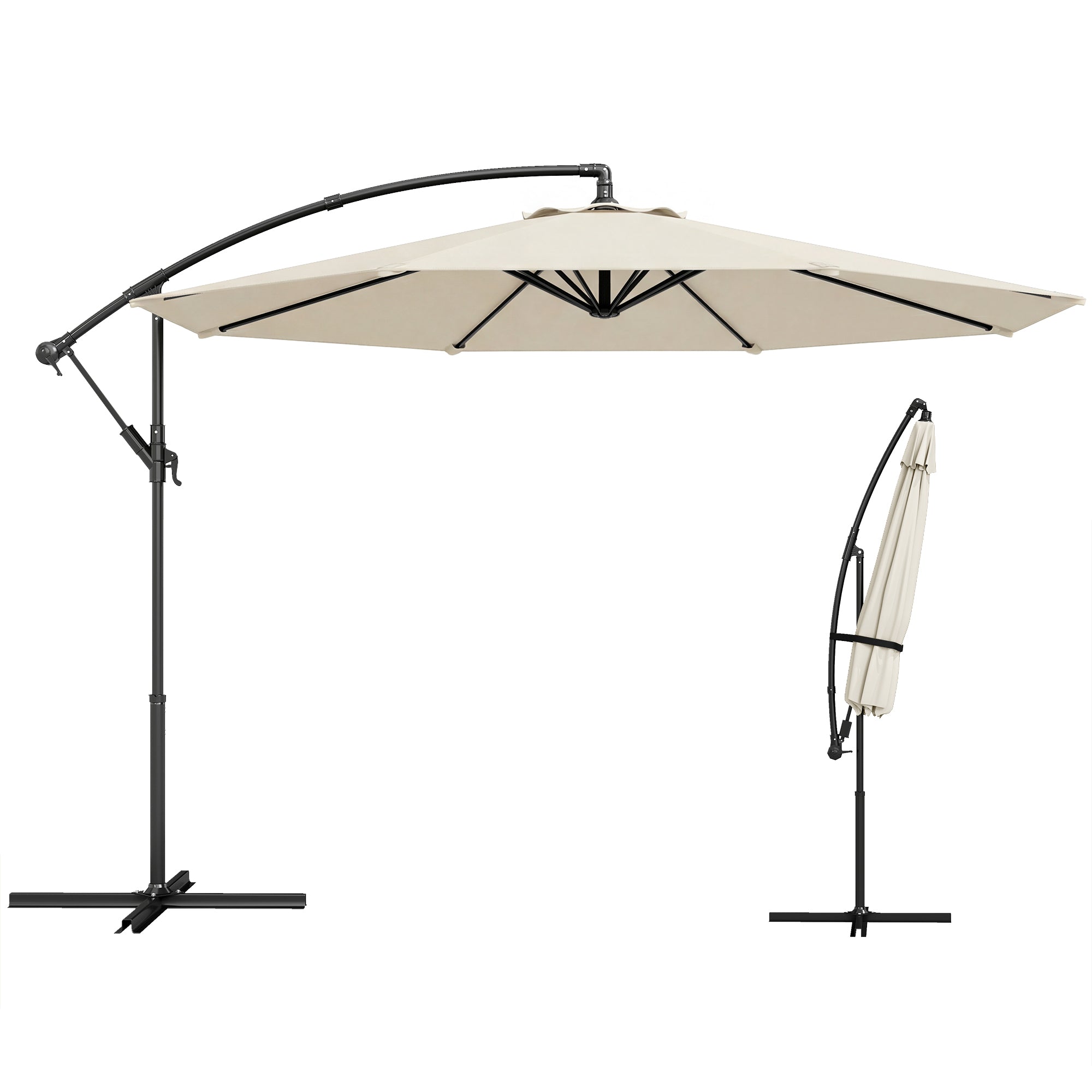 Outsunny Parasol Excéntrico, Ø300 cm, Sombrilla de Jardín con Base Cruzada, Toldo Ajustable, Manivela, 8 Barras, UPF30+, para Terraza, Patio, Exterior, Blanco Crema