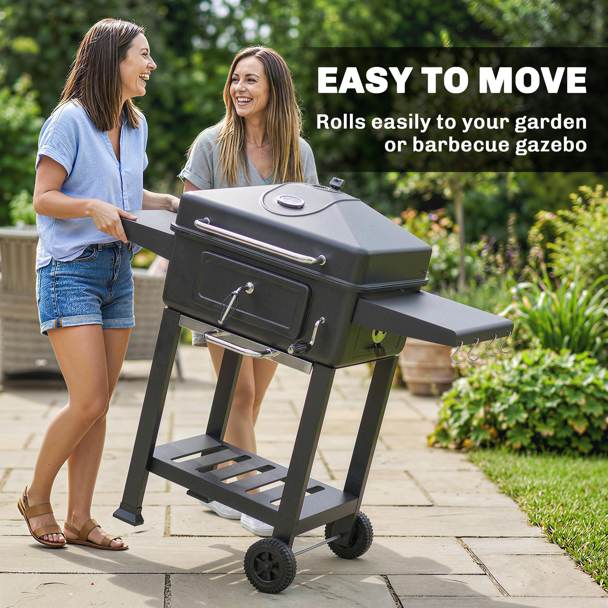 Outsunny Barbacoa de Carbón Portátil, Barbacoa de Carbón Móvil con Bandeja y Ventilación Ajustable, Estantes Laterales, Termómetro, Tapa, Cajón de Cenizas, Ruedas, Puerta Frontal, Asa, Negro