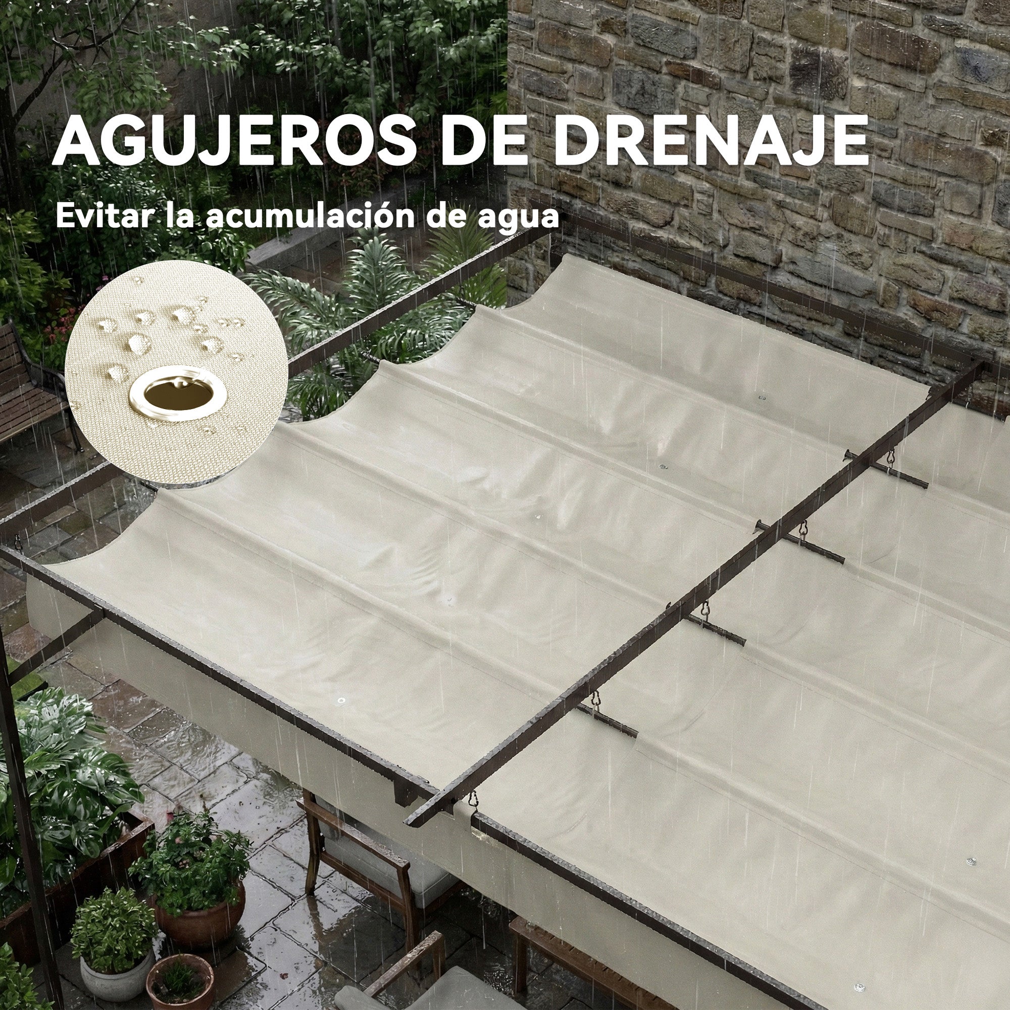 Outsunny Pérgola de Pared de Jardín 3x3 m, Cenador de Jardín con Techo Retráctil, Protección UPF30+, Orificios de Drenaje y Estructura Metálica, Pabellón para Patio, Terraza, Exterior, Blanco Crema