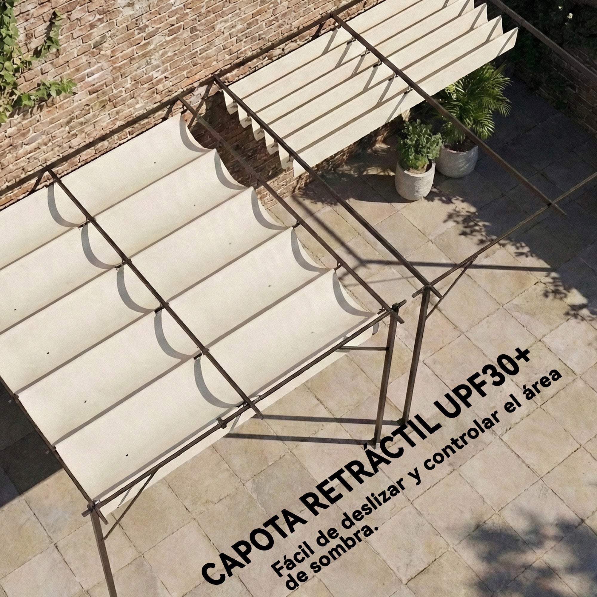 Outsunny Pérgola de Pared de Jardín 3x3 m, Cenador de Jardín con Techo Retráctil, Protección UPF30+, Orificios de Drenaje y Estructura Metálica, Pabellón para Patio, Terraza, Exterior, Blanco Crema