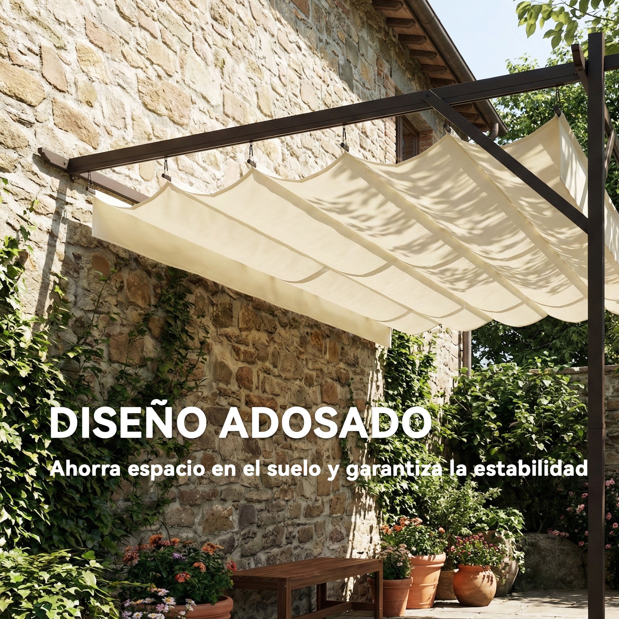 Outsunny Pérgola de Pared de Jardín 3x3 m, Cenador de Jardín con Techo Retráctil, Protección UPF30+, Orificios de Drenaje y Estructura Metálica, Pabellón para Patio, Terraza, Exterior, Blanco Crema