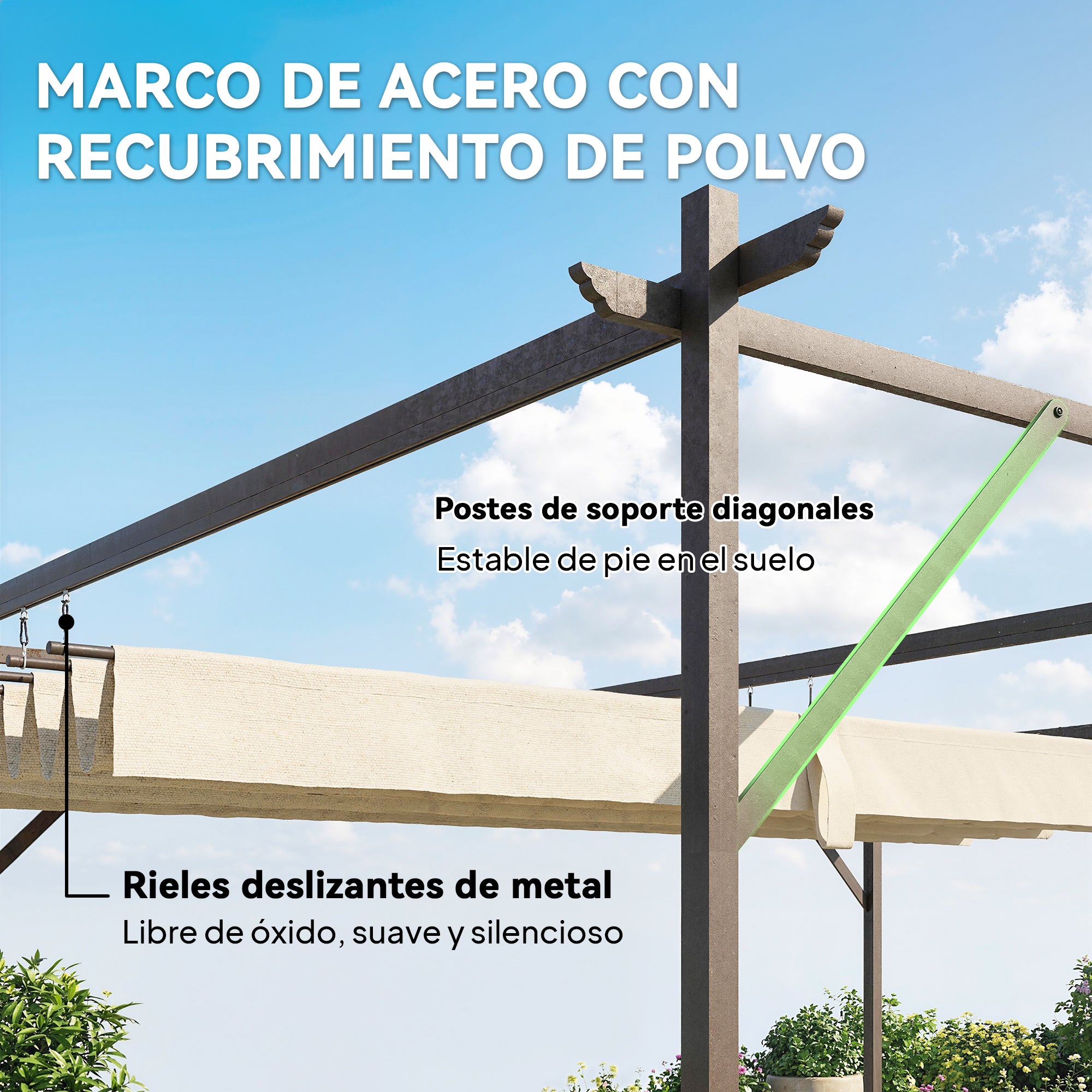 Outsunny Pérgola de Pared de Jardín 3x3 m, Cenador de Jardín con Techo Retráctil, Protección UPF30+, Orificios de Drenaje y Estructura Metálica, Pabellón para Patio, Terraza, Exterior, Blanco Crema