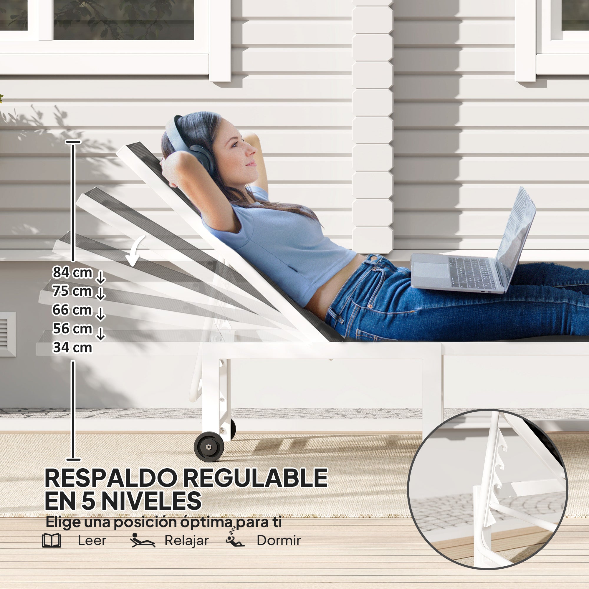 Outsunny Tumbona Reclinable Tumbona Jardín Exterior con Ruedas Respaldo Ajustable en 5 Niveles y Estructura de Acero Carga 120 kg para Patio Terraza Balcón 166x60x84 cm Gris