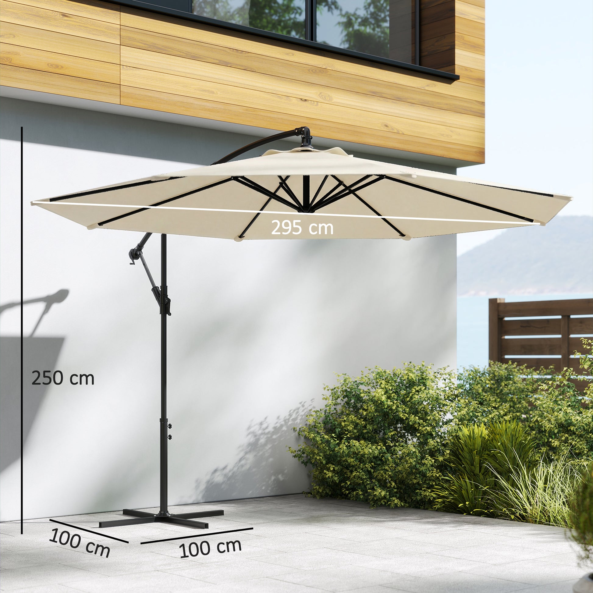 Outsunny Parasol Excéntrico, Ø300 cm, Sombrilla de Jardín con Base Cruzada, Toldo Ajustable, Manivela, 8 Barras, UPF30+, para Terraza, Patio, Exterior, Blanco Crema