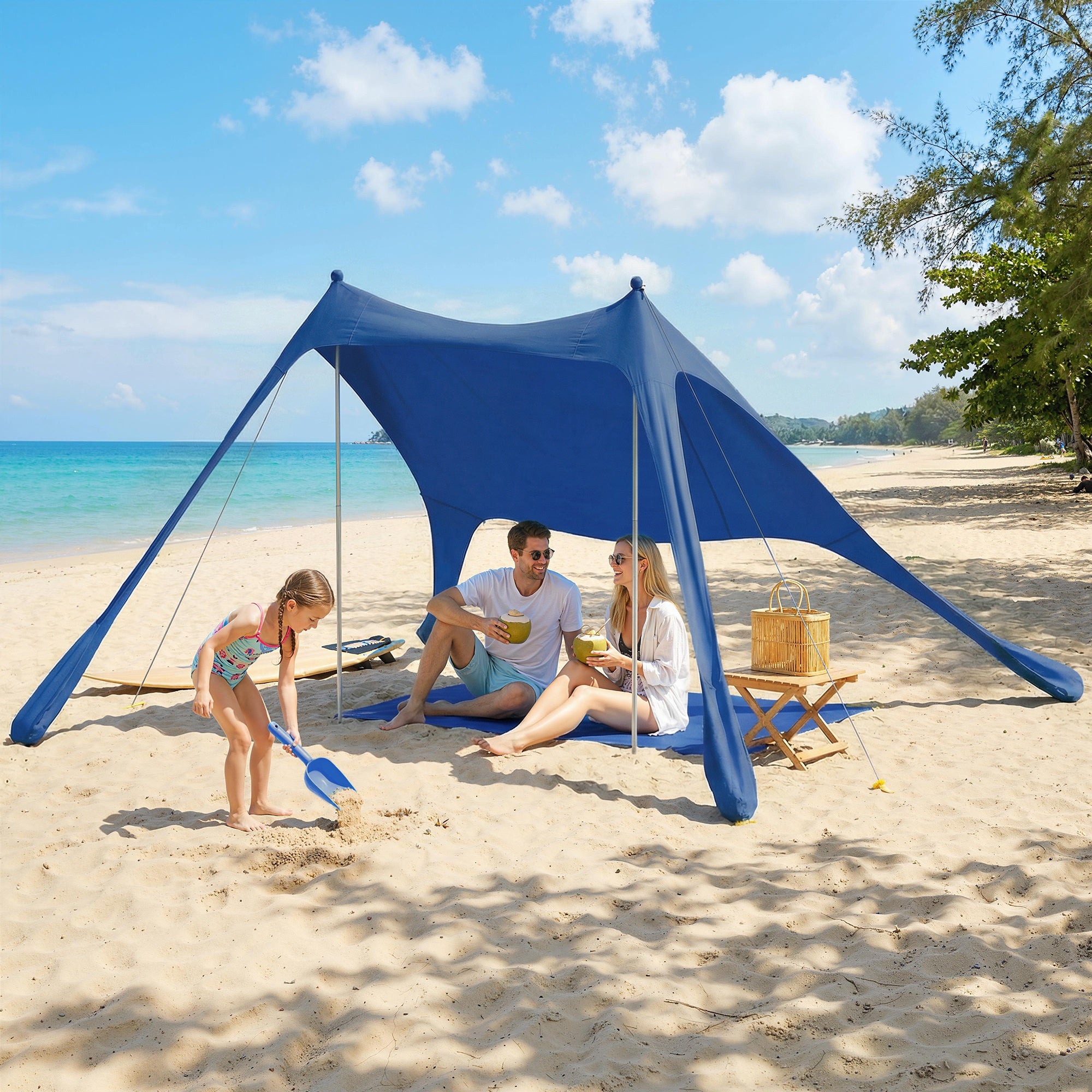 Outsunny Carpa Playa Plegable 208x200 cm, Toldo Playa Portátil para 2-4 Personas con Esterilla, UPF50+, Postes de Aluminio, Pala, Estacas y Bolsa de Transporte Impermeable, para Camping, Pesca, Azul