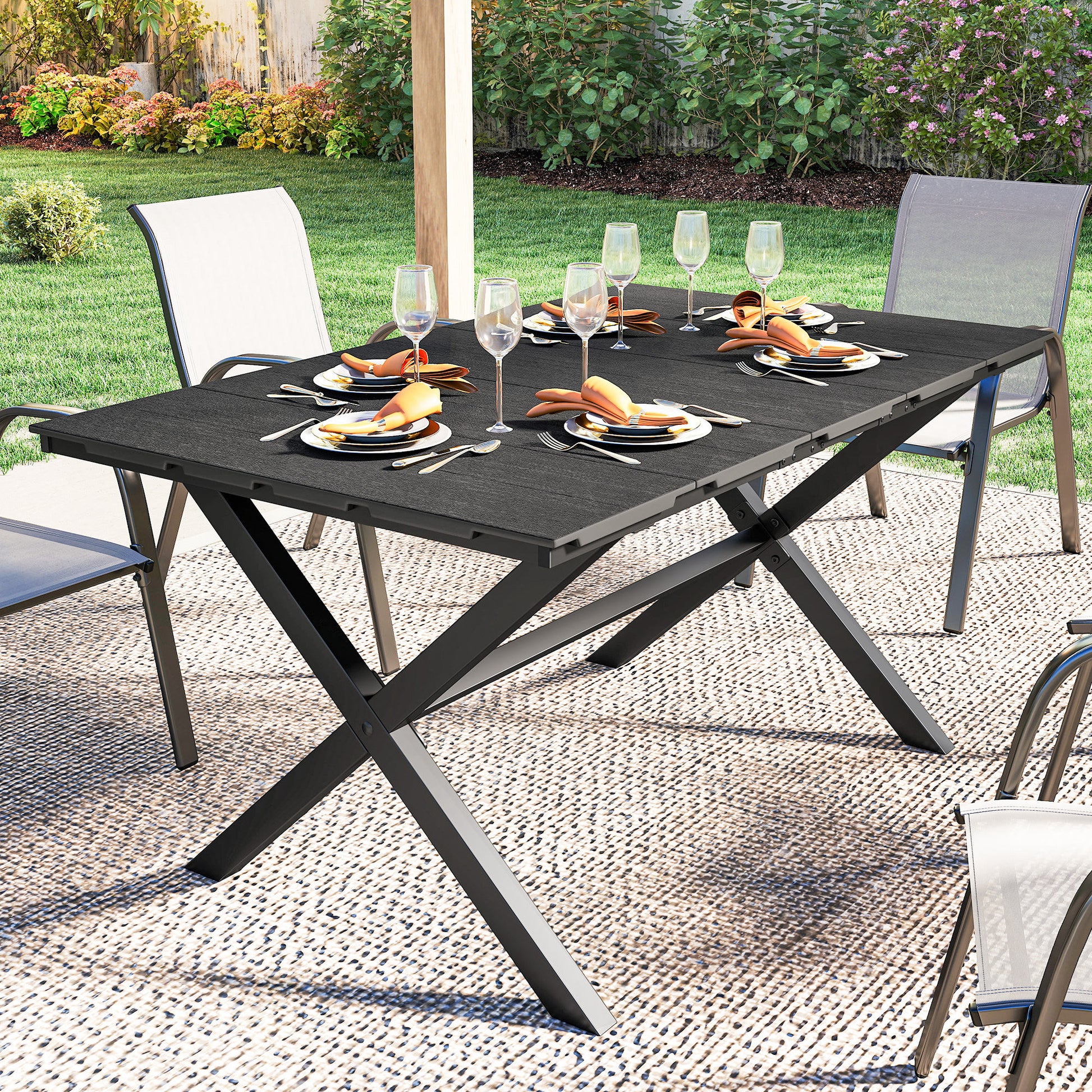Outsunny Mesa de Comedor de Jardín Rectangular, Mesa de Terraza Exterior 150x90x74 cm, con Encimera de HDPE de Listones y Estructura Metálica, para 6 Personas, Carga 50 kg, para Patio, Balcón, Negro