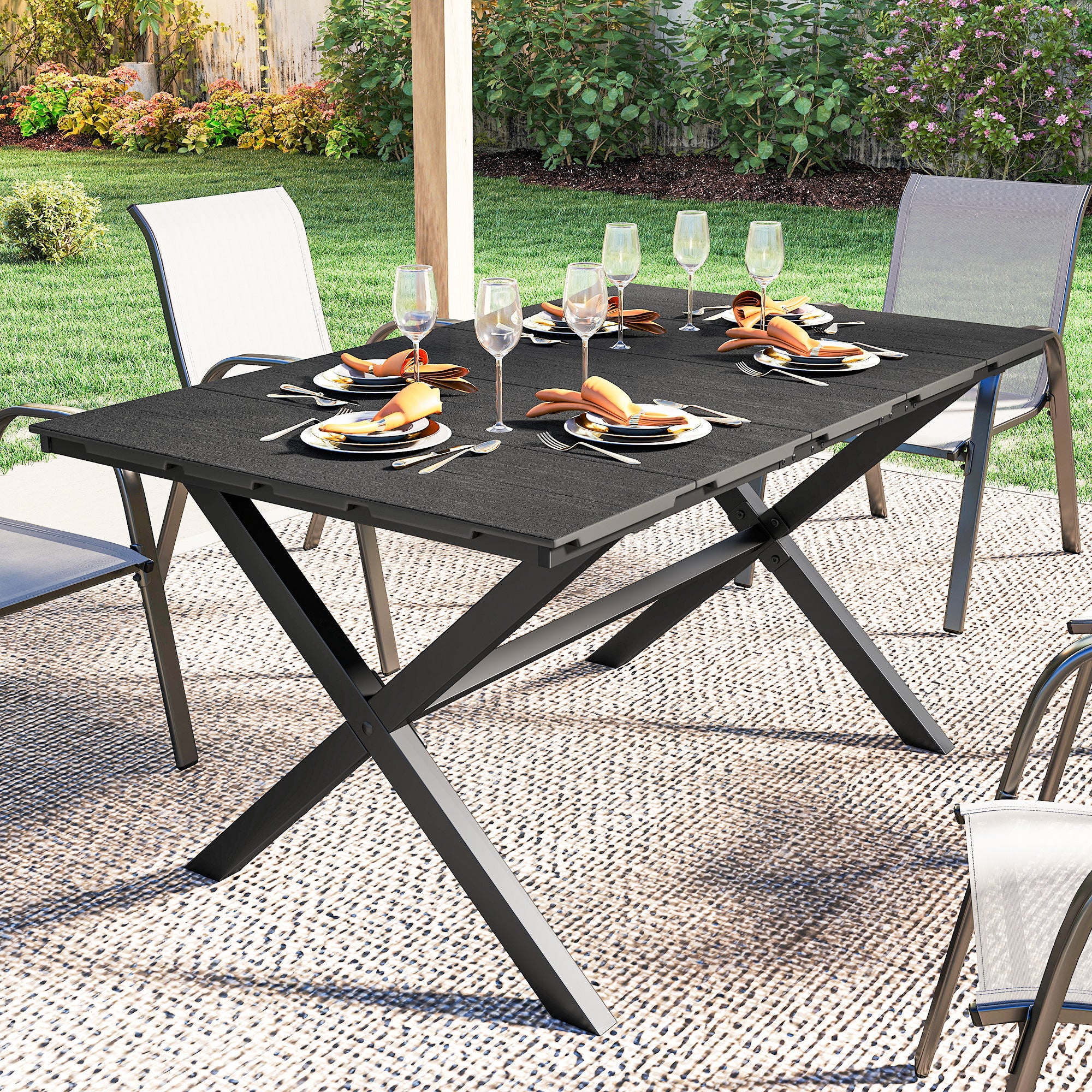 Outsunny Mesa de Comedor de Jardín Rectangular, Mesa de Terraza Exterior 150x90x74 cm, con Encimera de HDPE de Listones y Estructura Metálica, para 6 Personas, Carga 50 kg, para Patio, Balcón, Negro