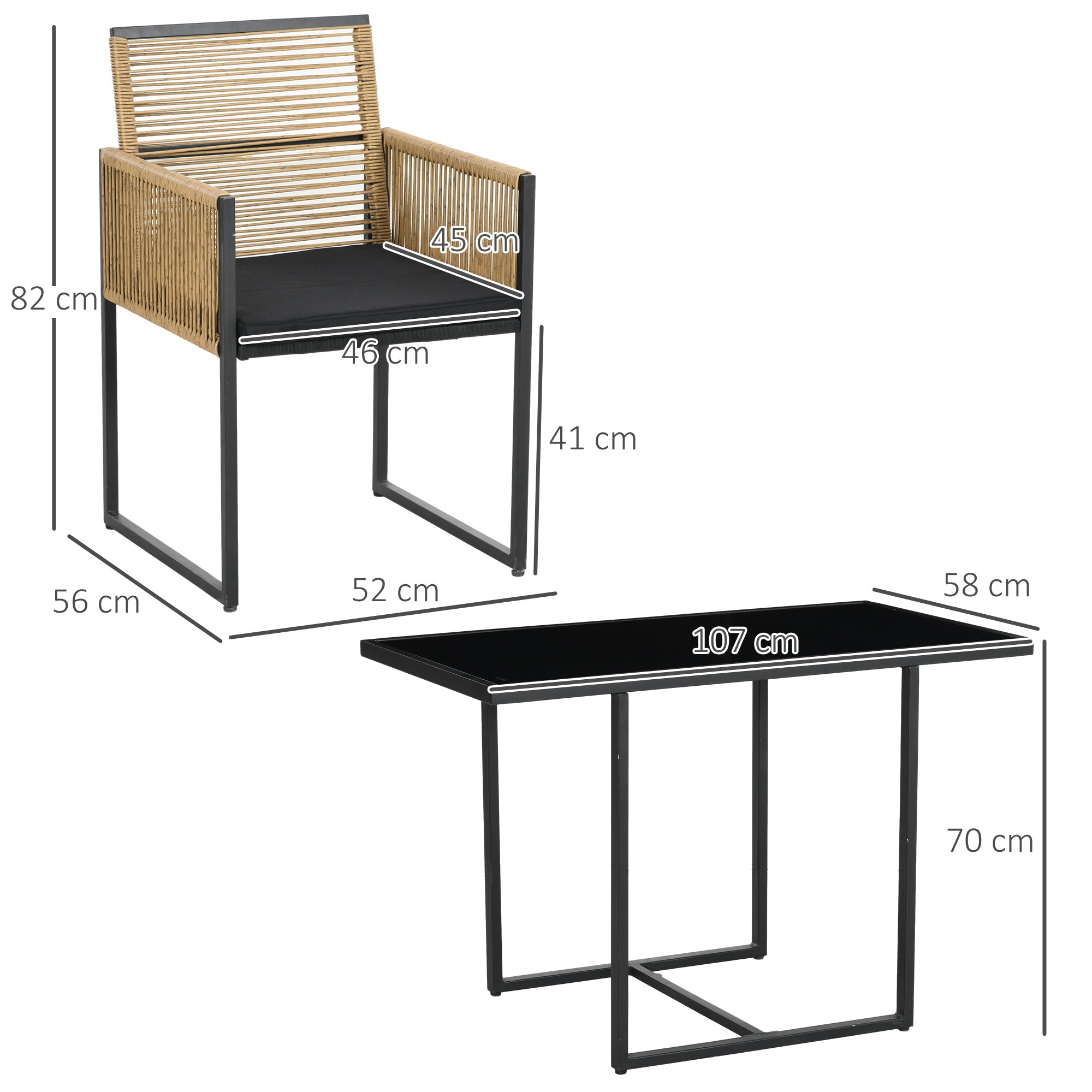 Outsunny Conjunto de Muebles de Jardín Juego de 3 Piezas Sillas y Mesa de Ratán con Respaldo Plegable Cojines y Mesa de Cristal Diseño Anidado para Terraza Patio Natural y Negro