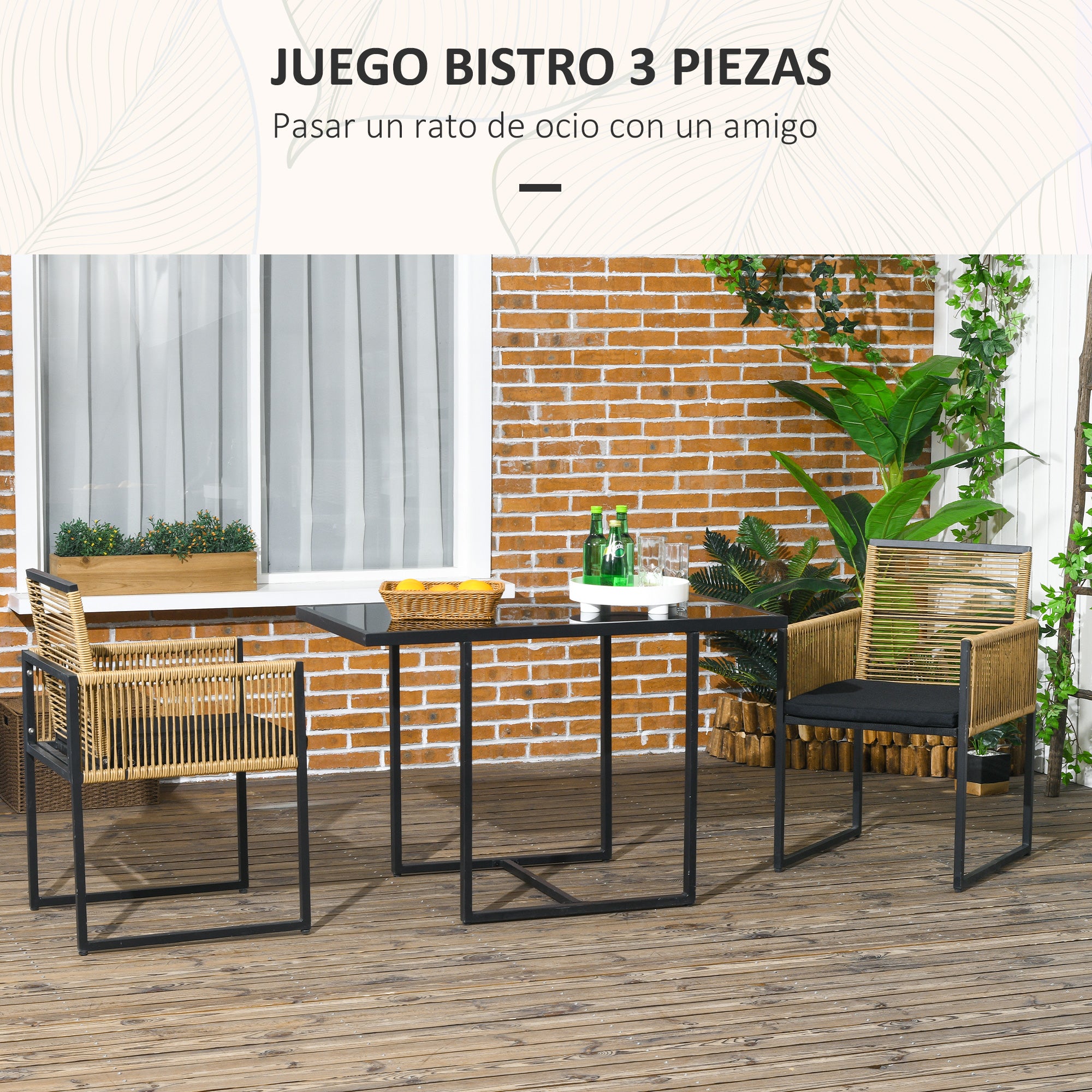 Outsunny Conjunto de Muebles de Jardín Juego de 3 Piezas Sillas y Mesa de Ratán con Respaldo Plegable Cojines y Mesa de Cristal Diseño Anidado para Terraza Patio Natural y Negro