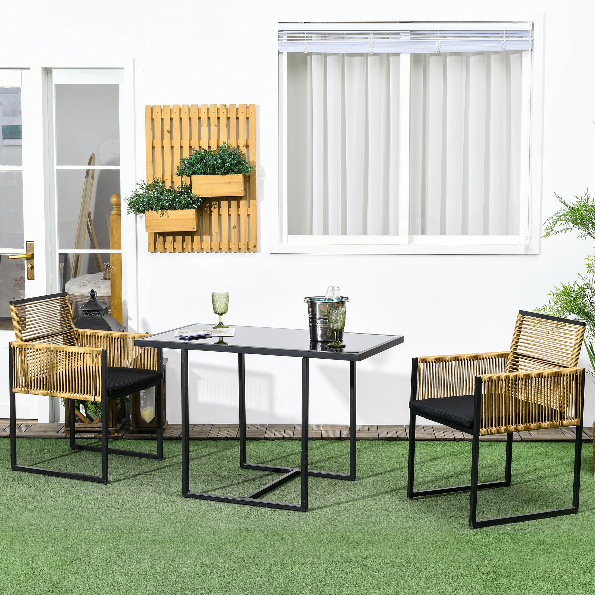 Outsunny Conjunto de Muebles de Jardín Juego de 3 Piezas Sillas y Mesa de Ratán con Respaldo Plegable Cojines y Mesa de Cristal Diseño Anidado para Terraza Patio Natural y Negro