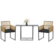 Outsunny Conjunto de Muebles de Jardín Juego de 3 Piezas Sillas y Mesa de Ratán con Respaldo Plegable Cojines y Mesa de Cristal Diseño Anidado para Terraza Patio Natural y Negro