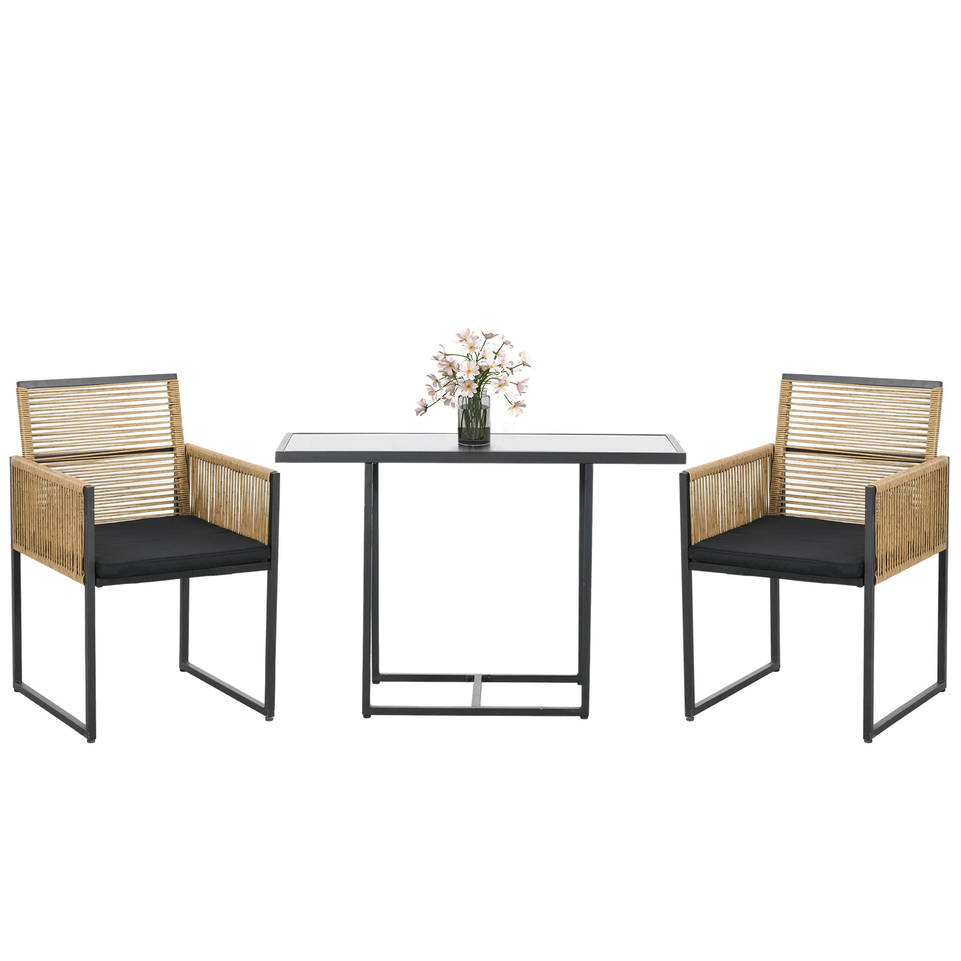 Outsunny Conjunto de Muebles de Jardín Juego de 3 Piezas Sillas y Mesa de Ratán con Respaldo Plegable Cojines y Mesa de Cristal Diseño Anidado para Terraza Patio Natural y Negro