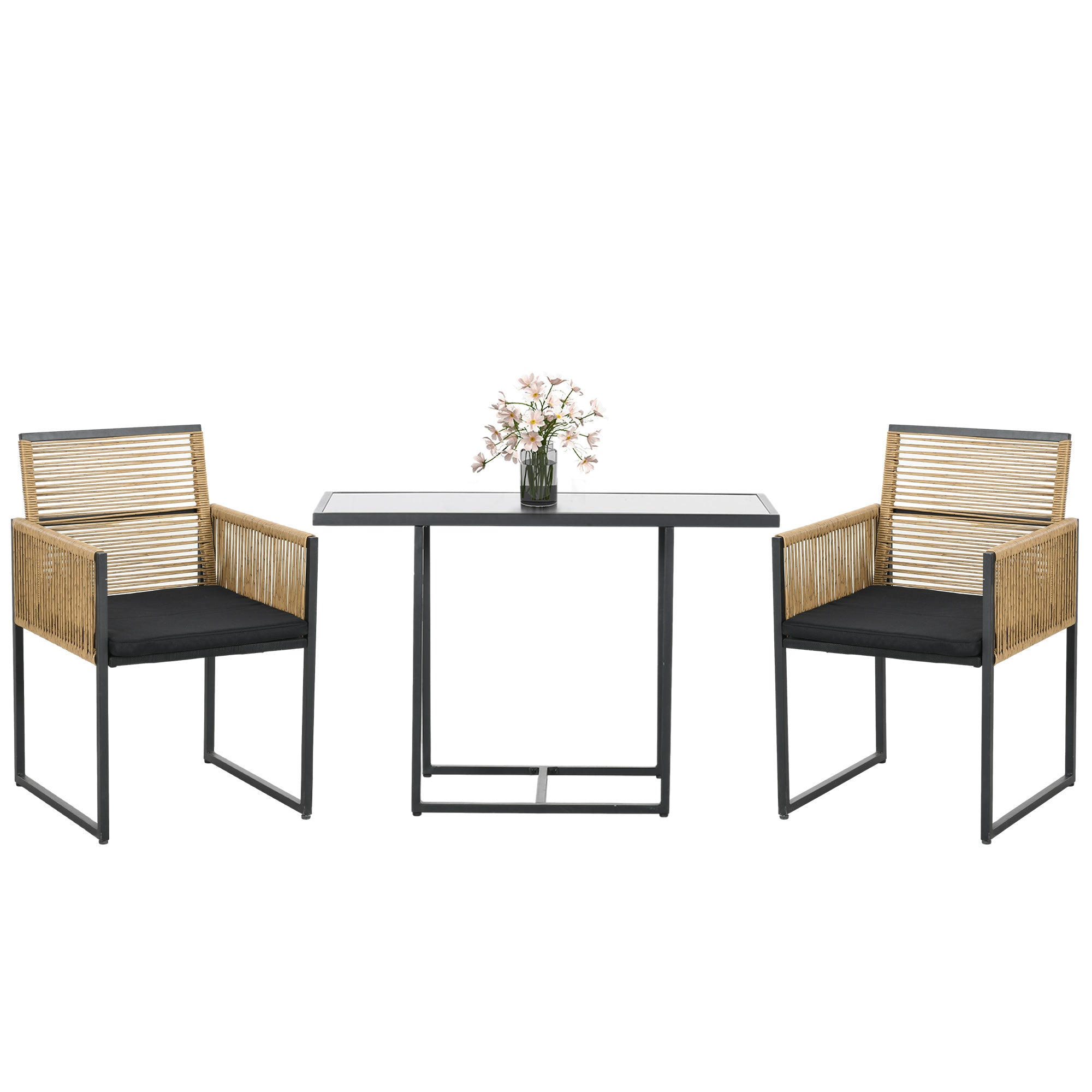 Outsunny Conjunto de Muebles de Jardín Juego de 3 Piezas Sillas y Mesa de Ratán con Respaldo Plegable Cojines y Mesa de Cristal Diseño Anidado para Terraza Patio Natural y Negro