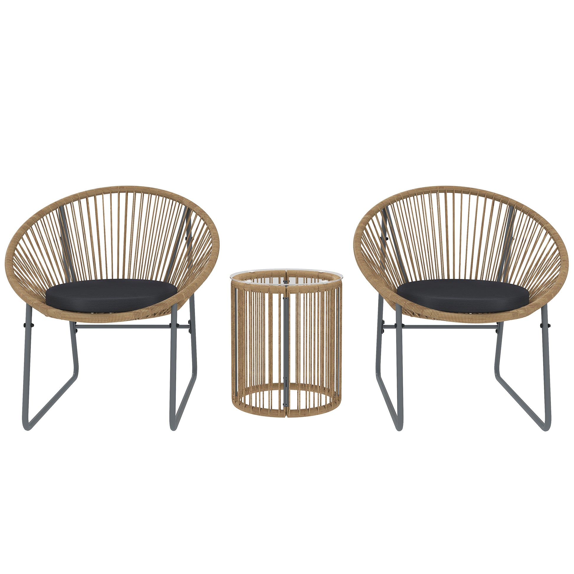 Outsunny Conjunto de Jardín Exterior de 3 Piezas Juego de 2 Sillas y Mesa de Ratán con Cojines Acolchados y Encimera de Vidrio Templado para Balcón Terraza Natural